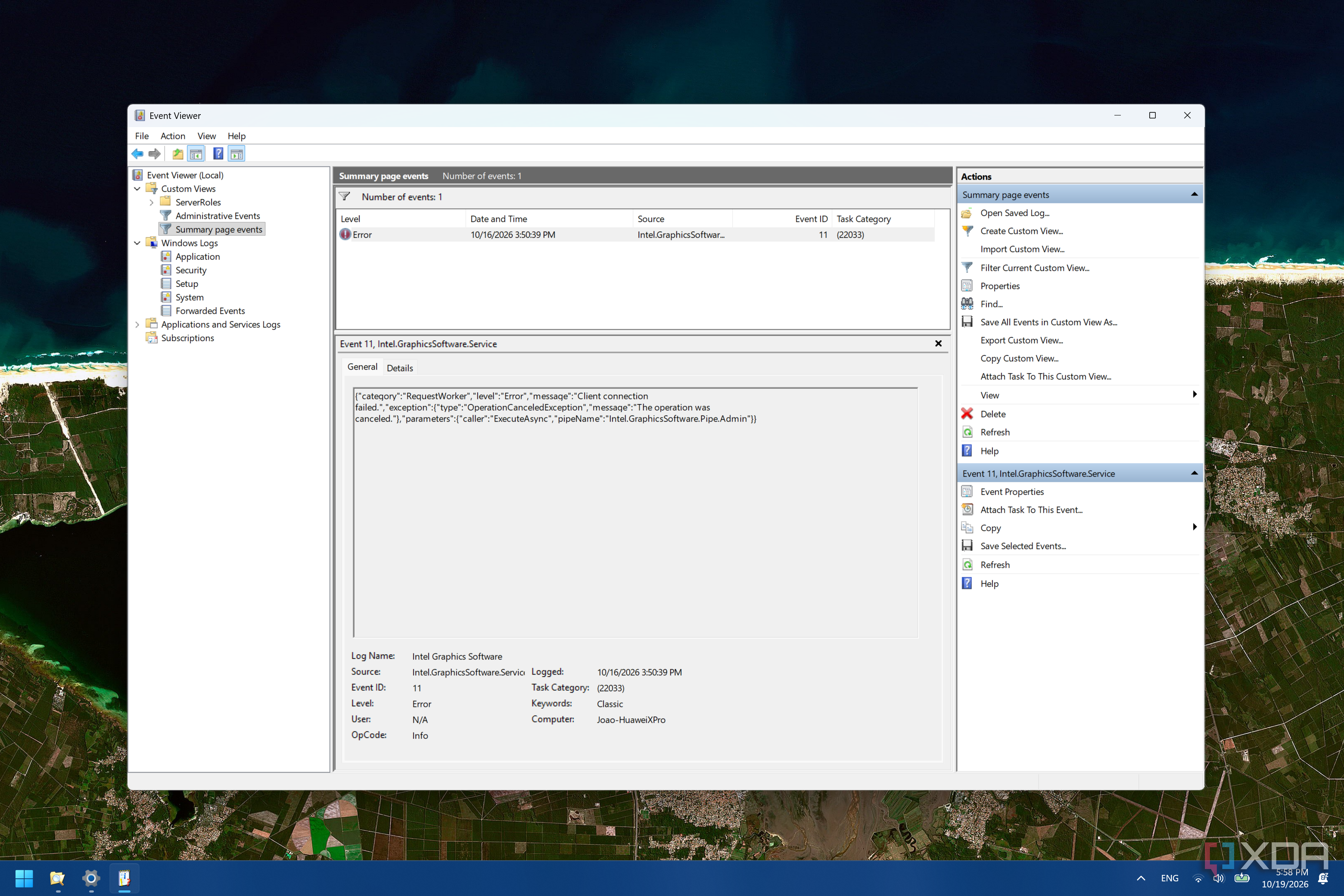 Screenshot of Event Viewer showing details of an error message selected from the summary page