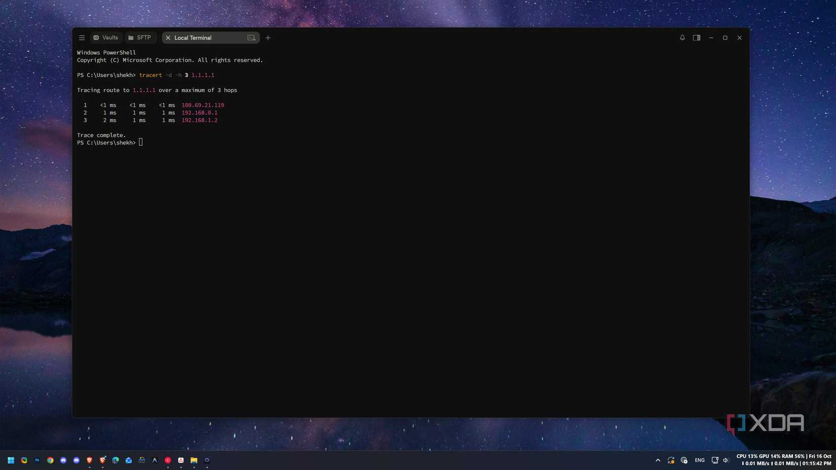 Tracert output with the home server’s Tailscale address as the first hop, followed by the router and ONT