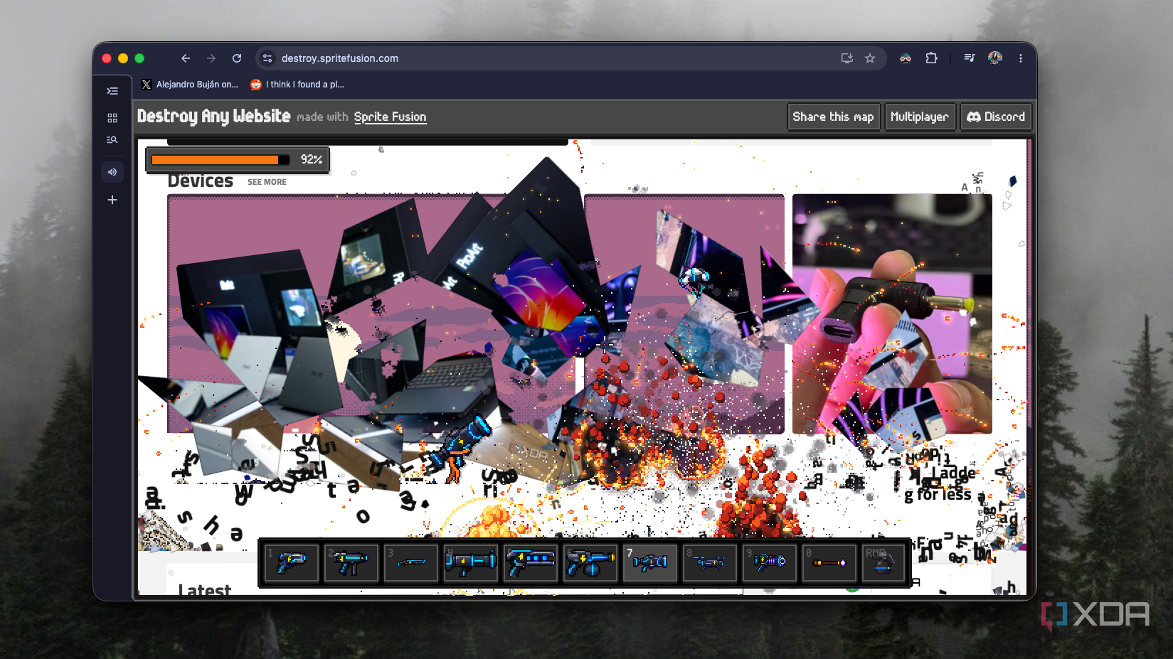 Explosions shattering XDA's Devices section images at 92% in Destroy Any Website