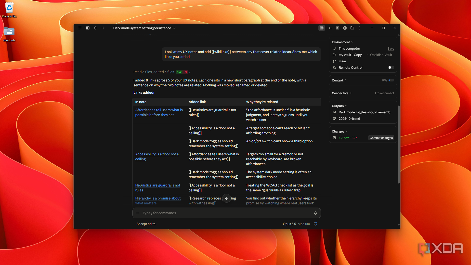 extended UX notes with wikilinks table in Claude Code
