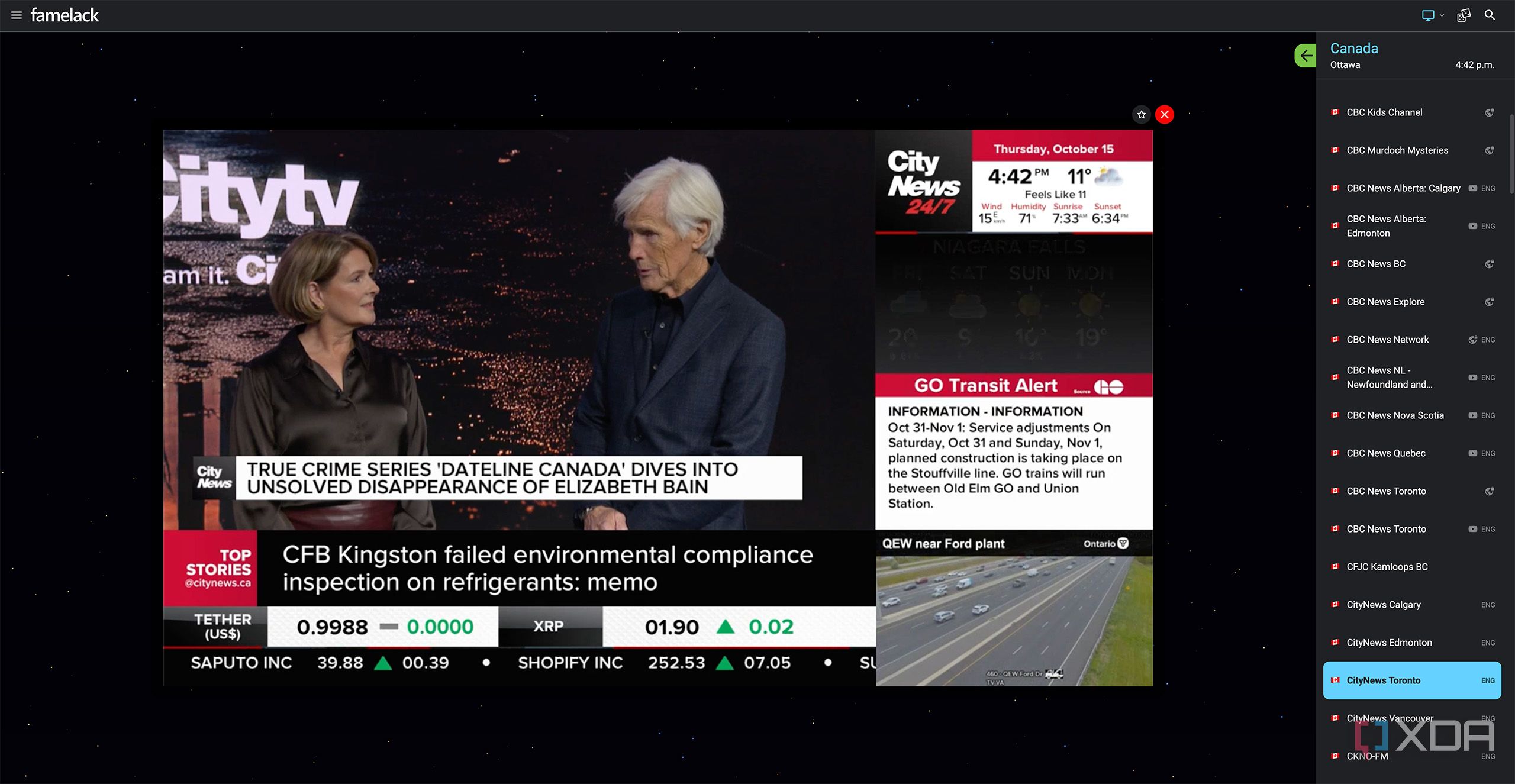 A screenshot of Famelack with CityTV playing