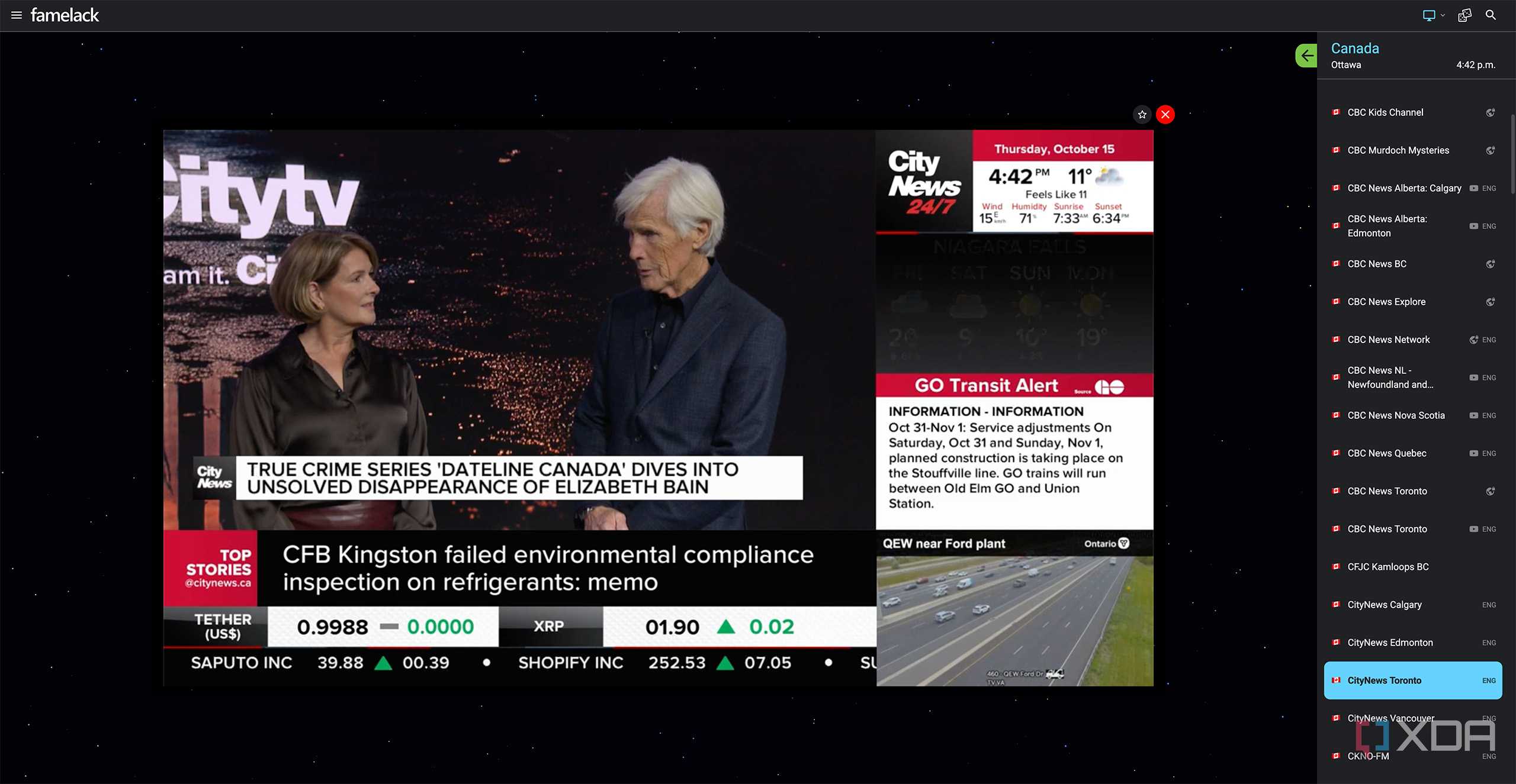 A screenshot of Famelack with CityTV playing