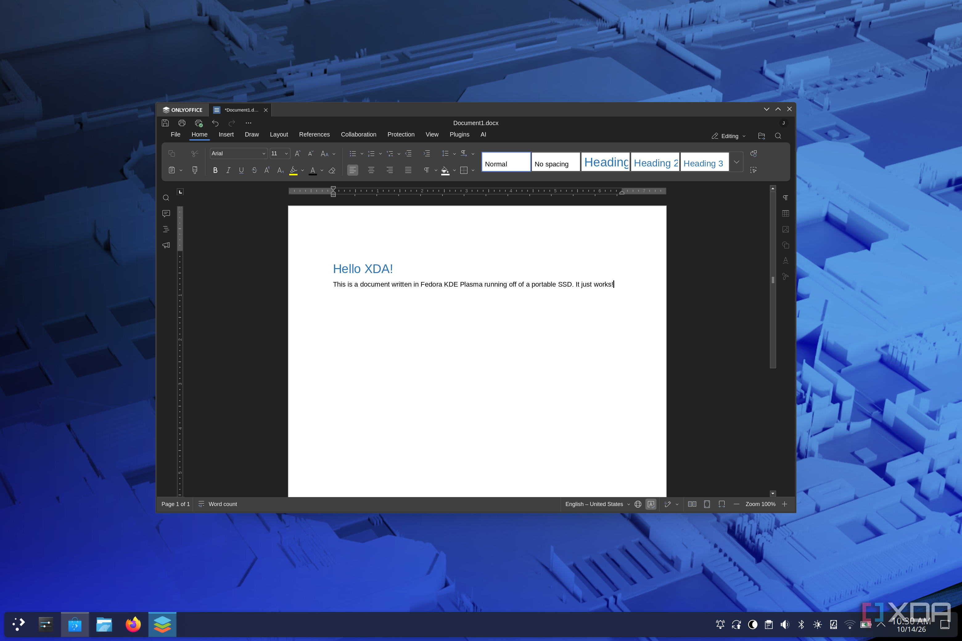 Screenshot of OnlyOffice showing a text document on Fedora KDE Plasma Workstation
