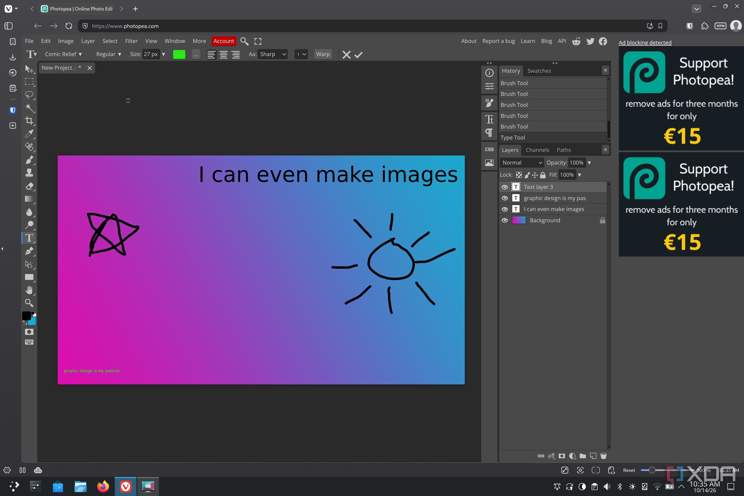 Screenshot of Photopea showing a project with an image consisting of a gradient background, some text telements, and a hand-drawn star and sun