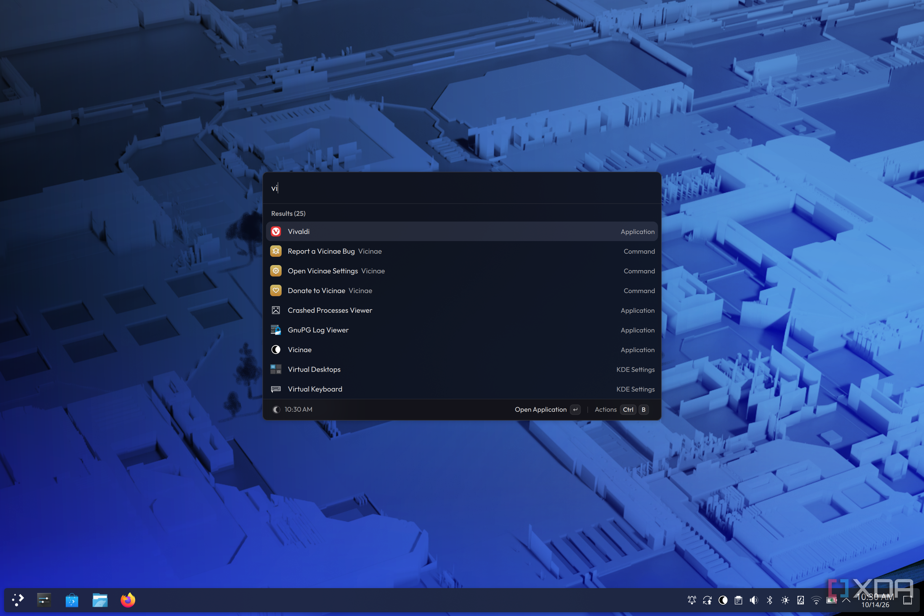 Screenshot of the Vicinae launcher bar on Fedora KDE Plasma