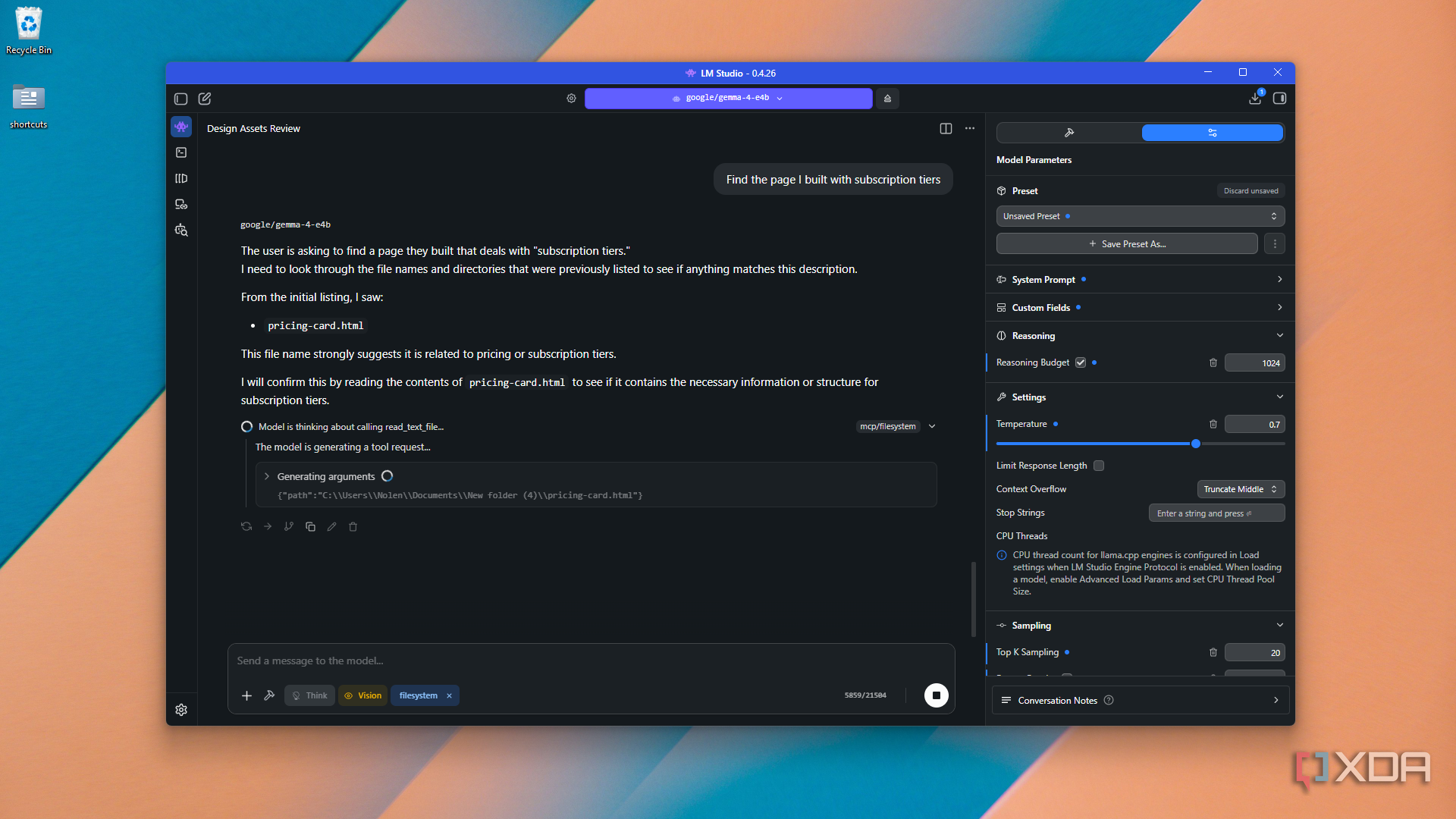 finding pricing card page via filesystem MCP in LM Studio