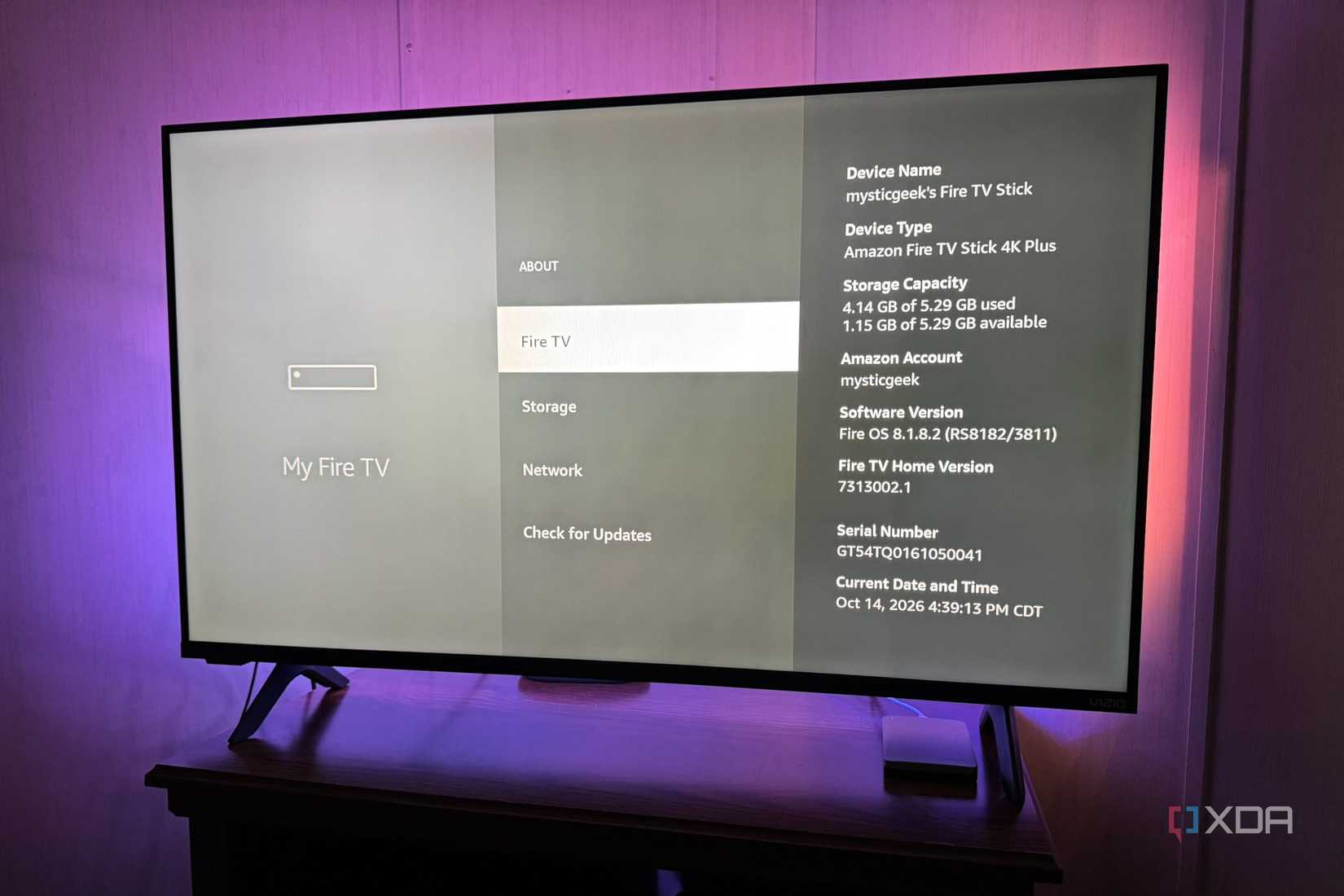 Fire TV Stick Running Fire OS About Screen