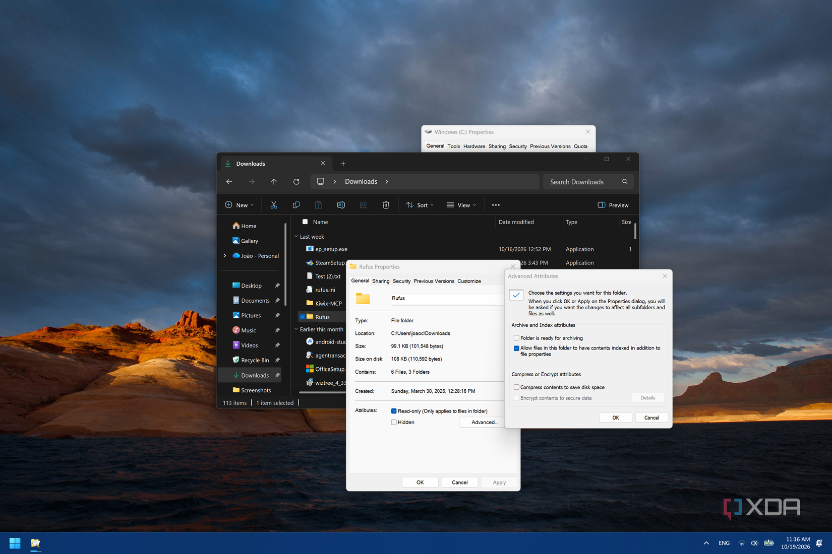 Screenshot of the Properties dialog and advanced options for a folder on Windows 11
