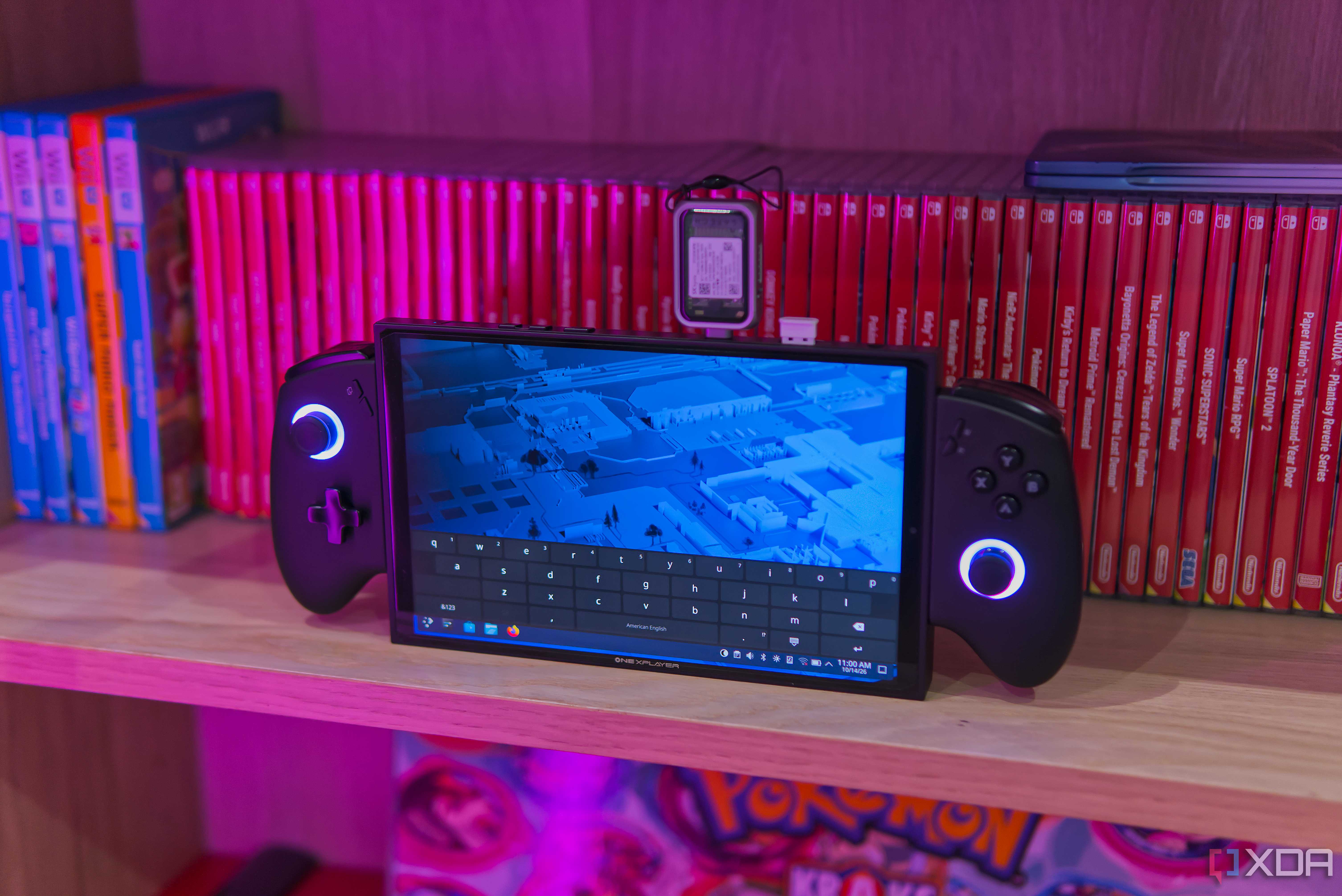 A gaming handheld running Fedora KDE Plasma Linux off of a USB drive