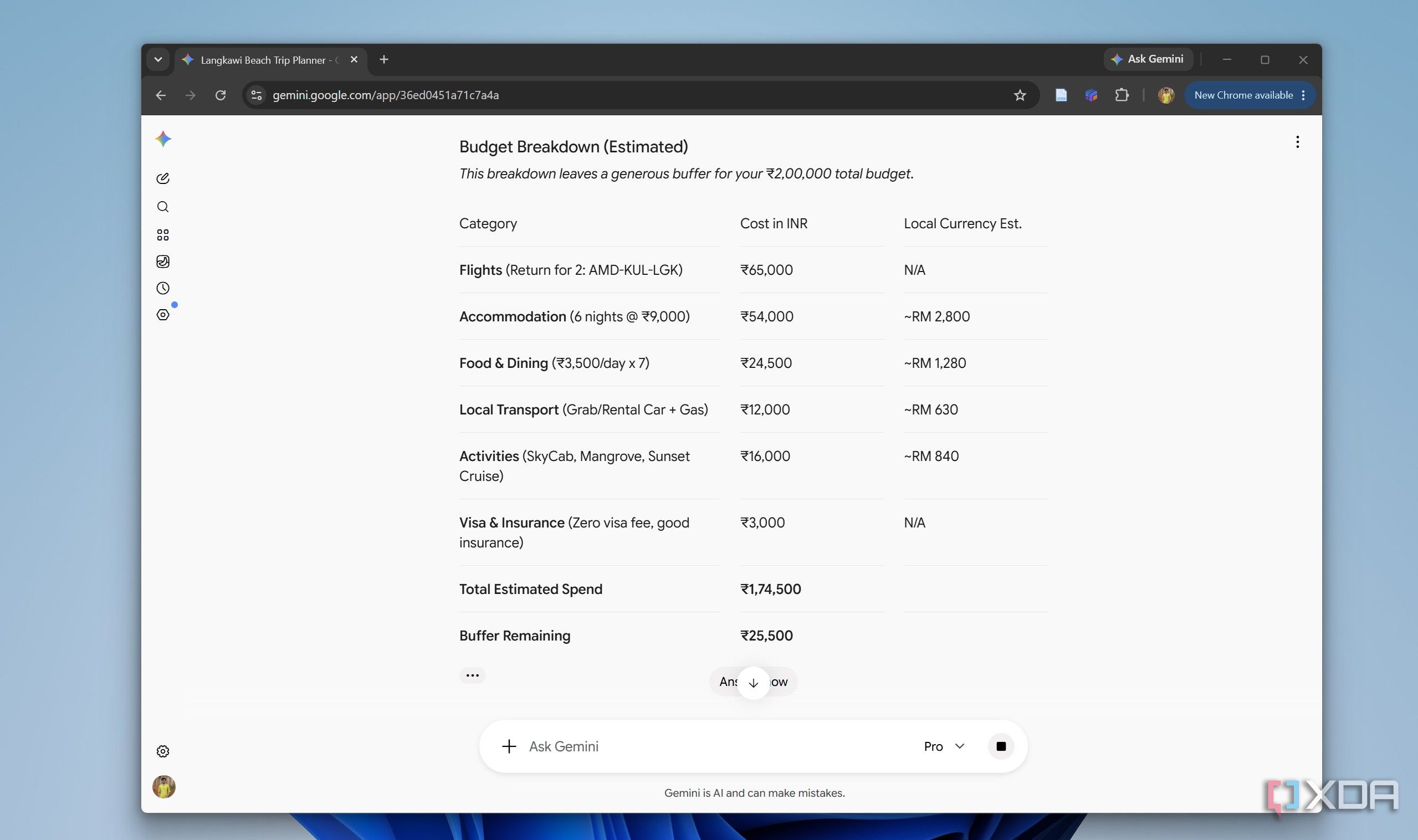 Gemini showing budget breakdown