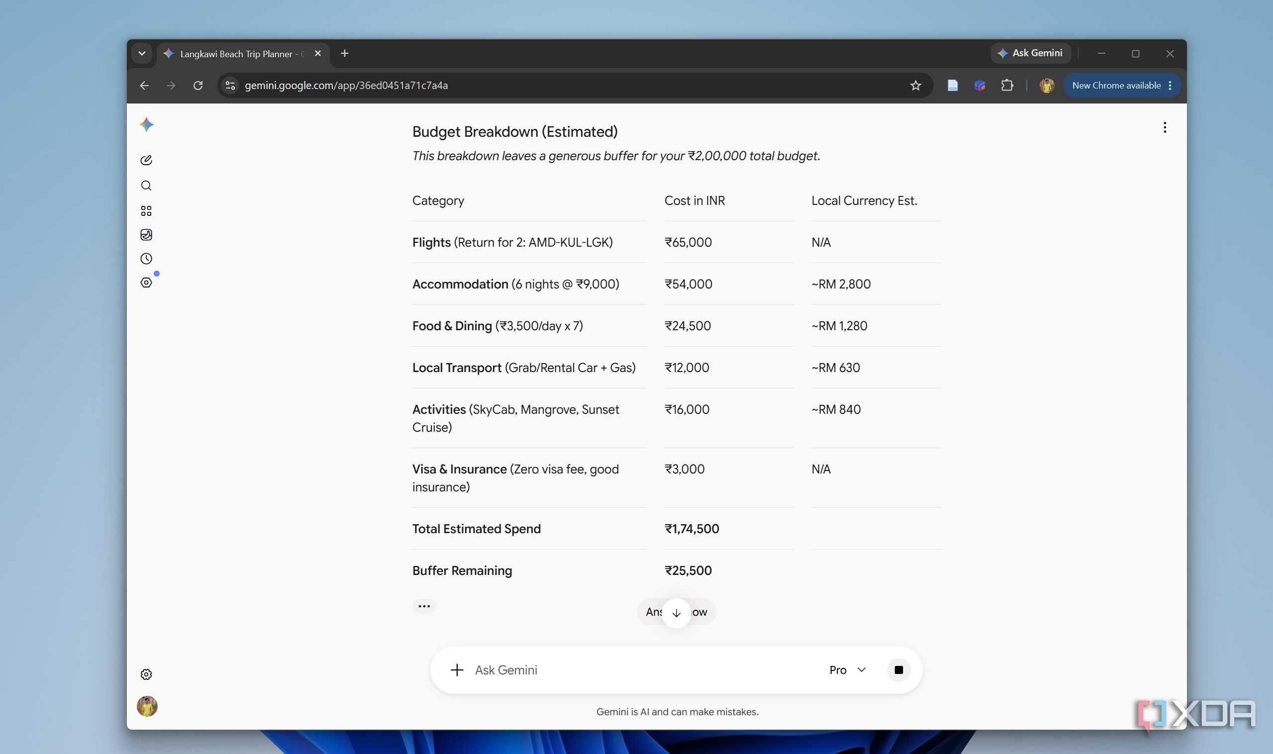 Gemini showing budget breakdown