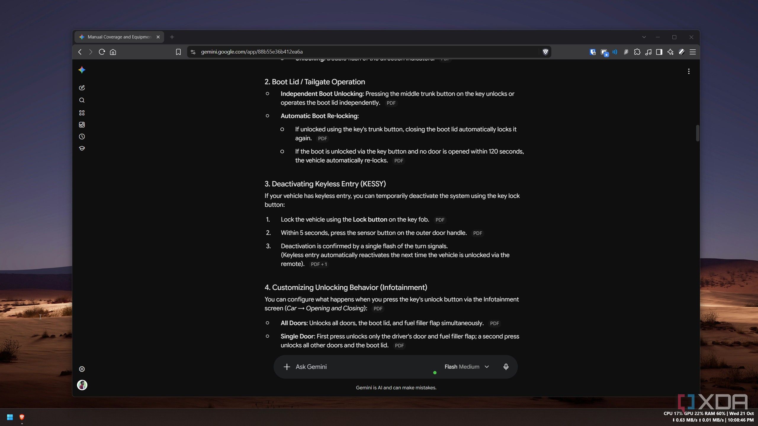Gemini Notebook listing the steps to deactivate keyless entry