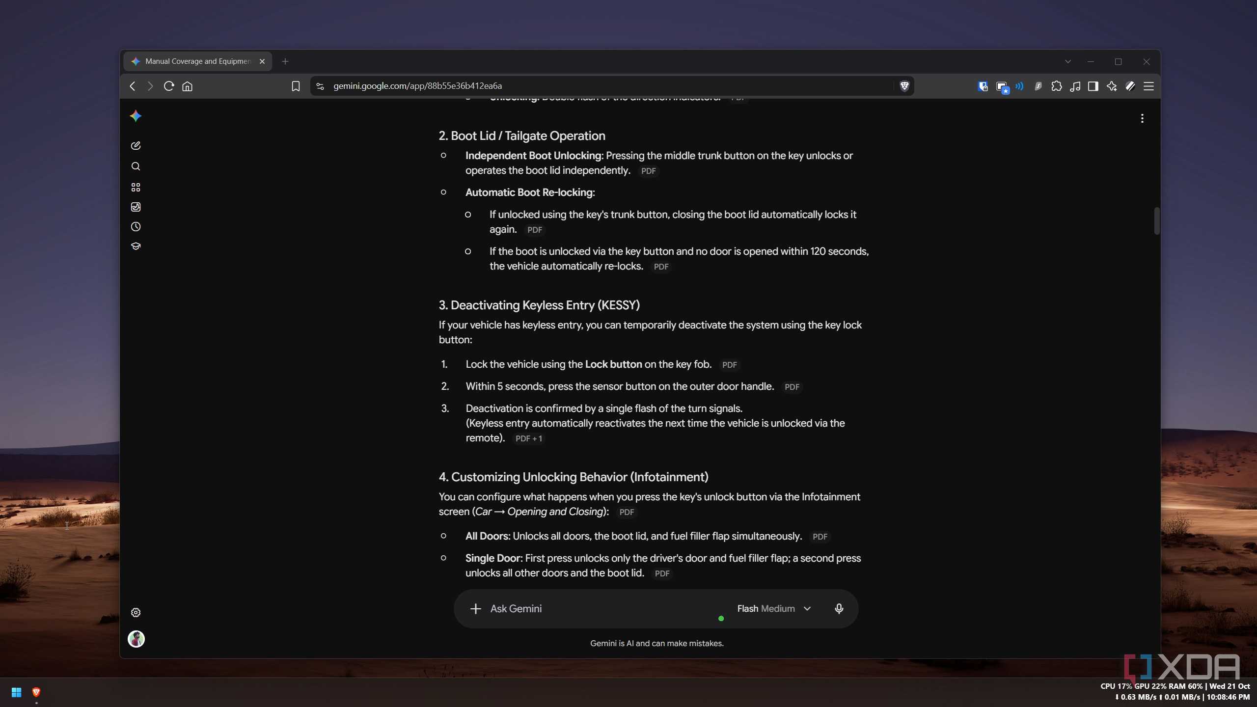 Gemini Notebook listing the steps to deactivate keyless entry