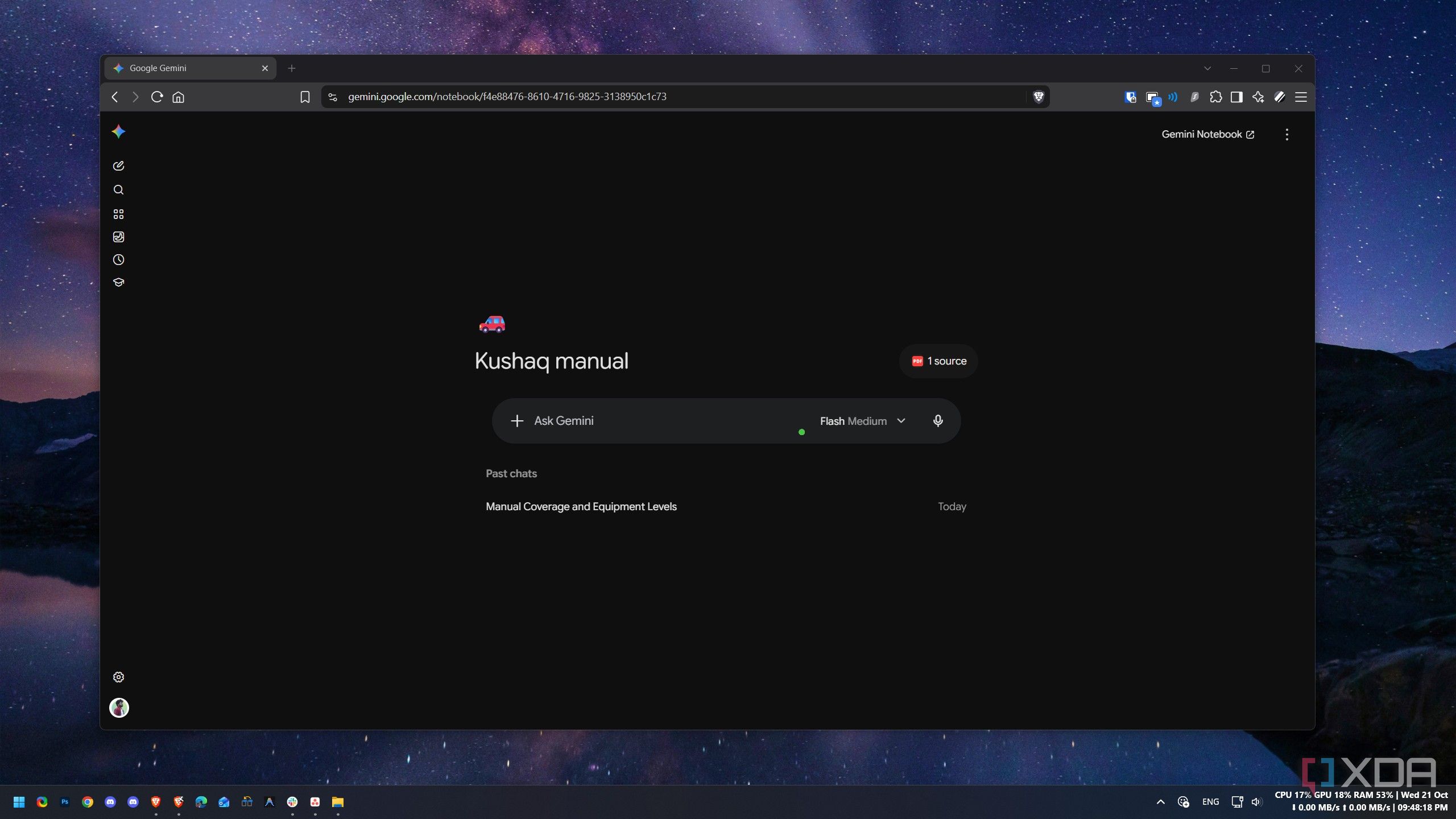 A Gemini Notebook named Kushaq manual with one source and a past chat