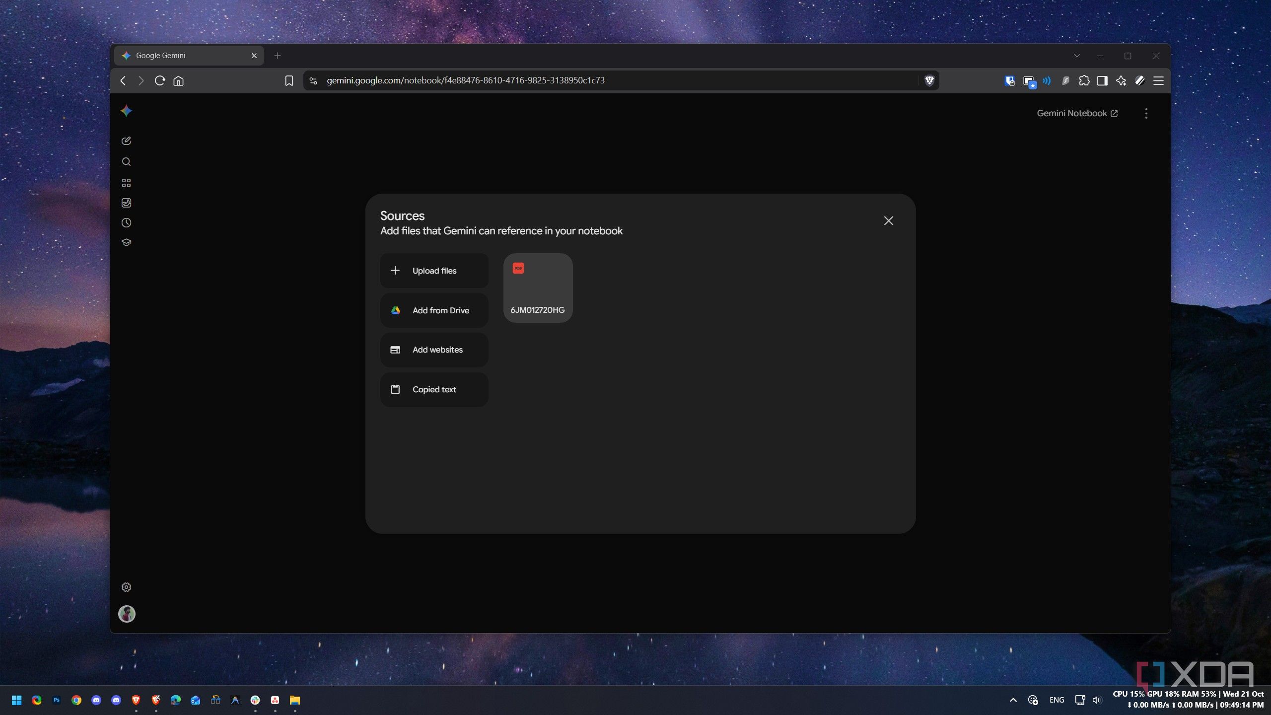 The Gemini Notebook sources panel with the Kushaq manual PDF added