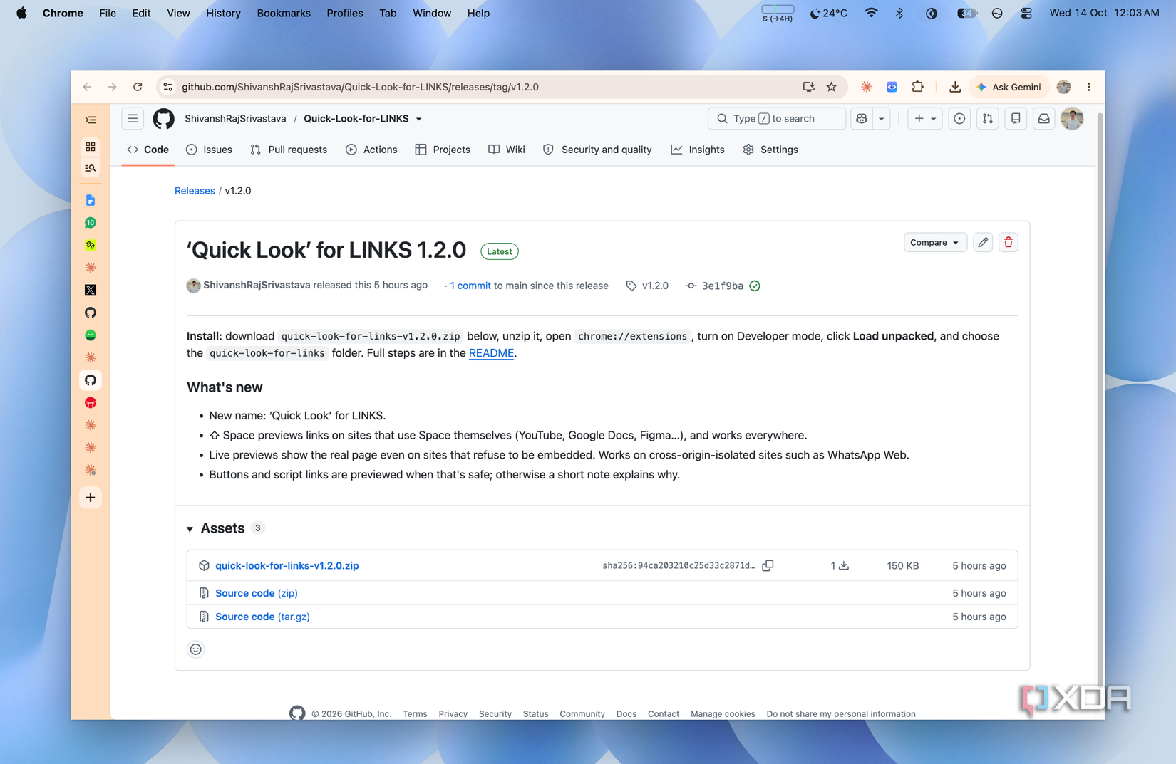 screenshot of the github release page for quick look for links version 1.2.0 with the zip download