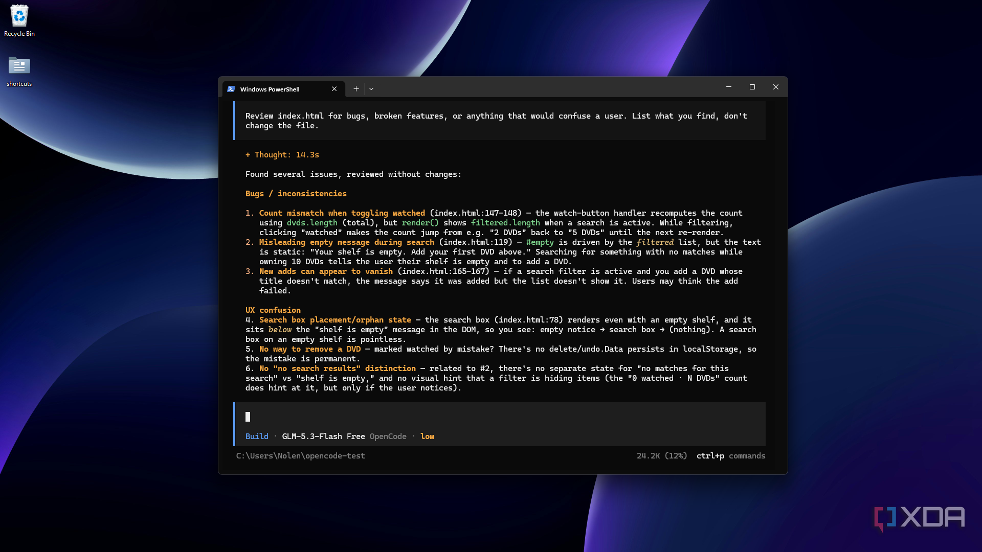GLM review listing bugs in OpenCode