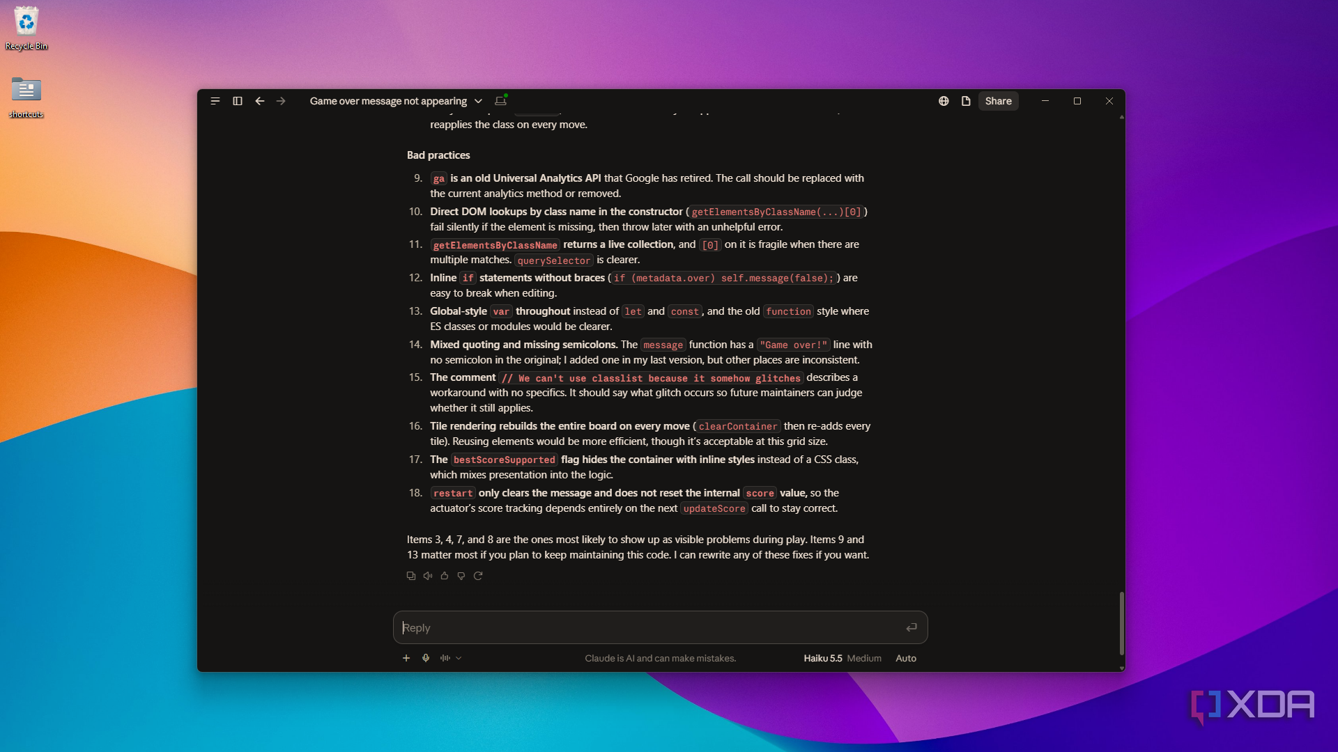 going through bad practices list in Claude Desktop