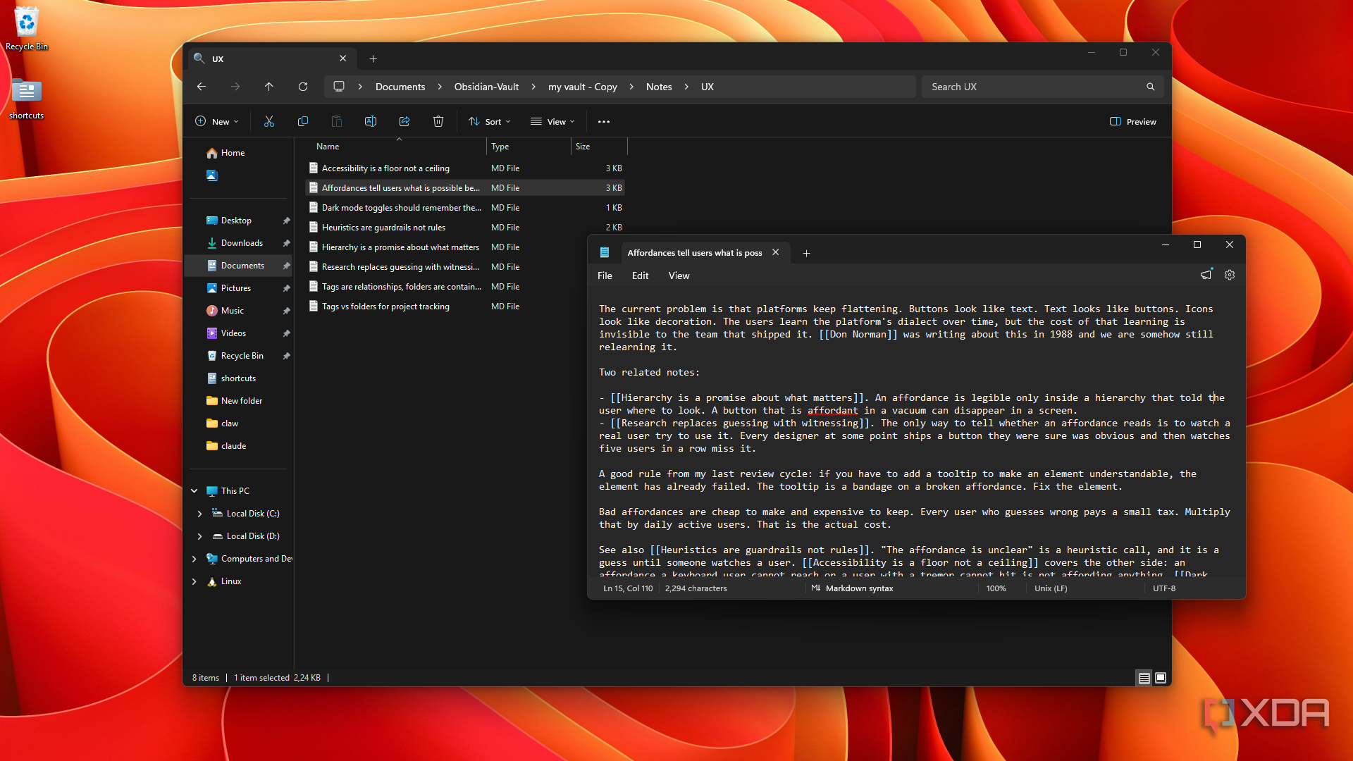 going through UX note folder in Explorer and Notepad