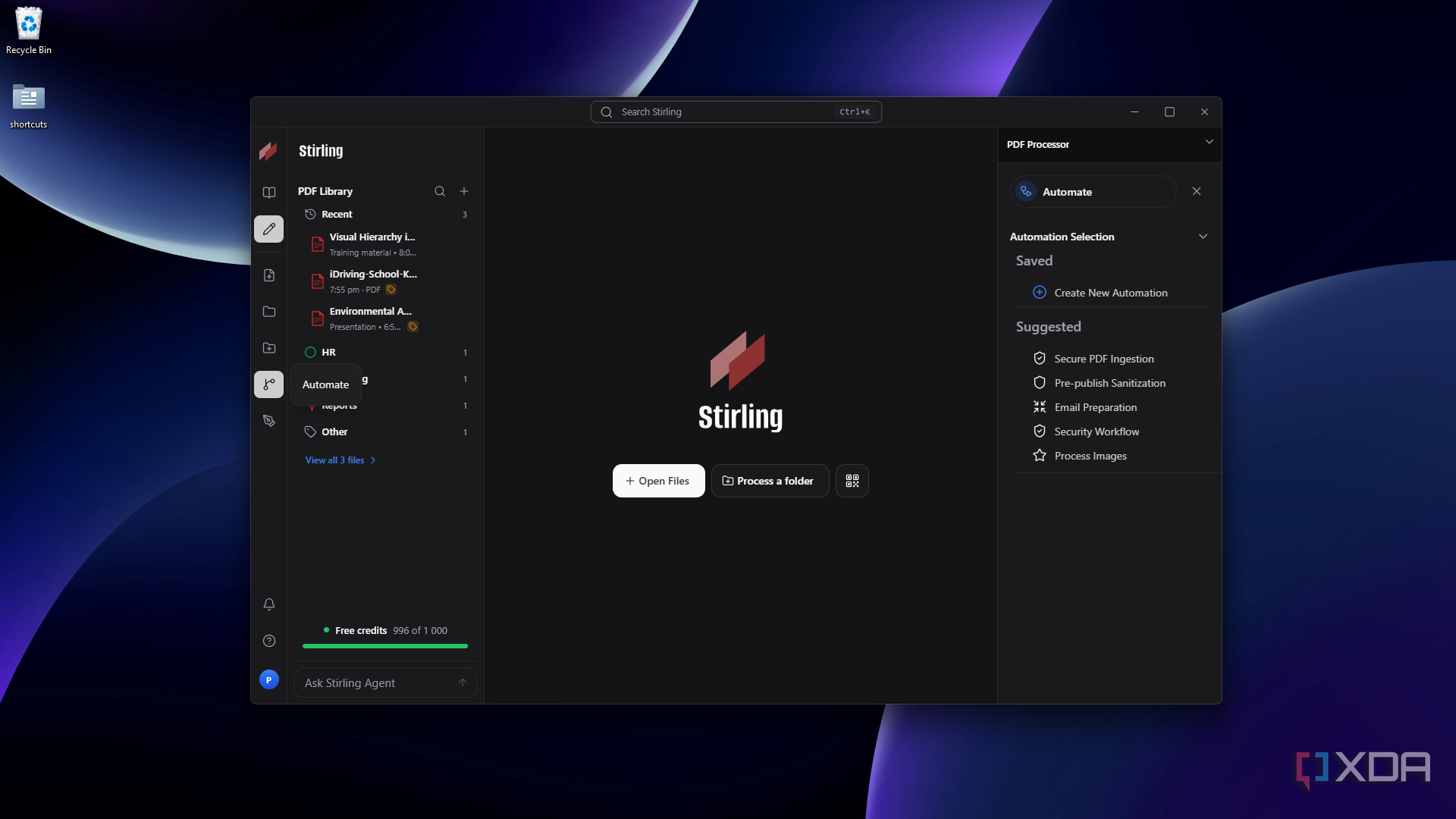 greeting Automate panel with suggested workflows in Stirling