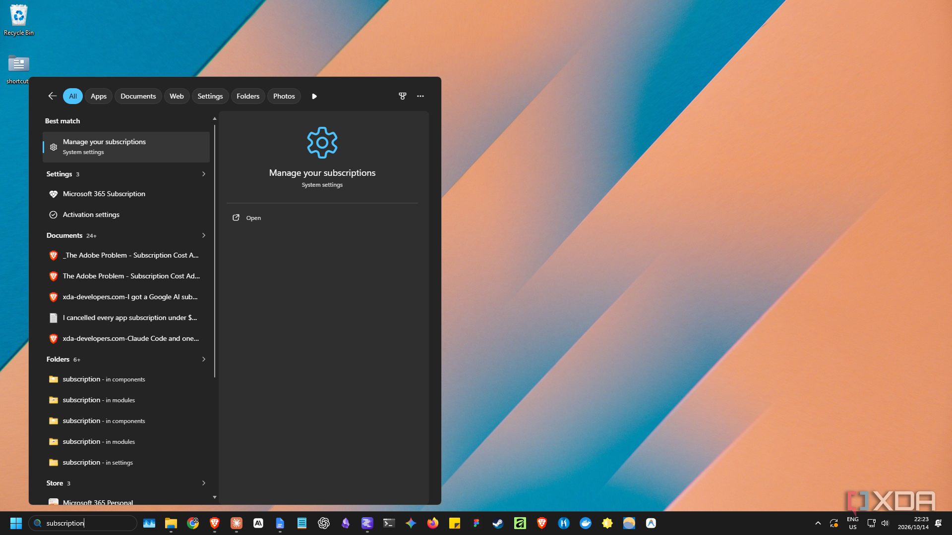 grouped Windows Search results for subscription