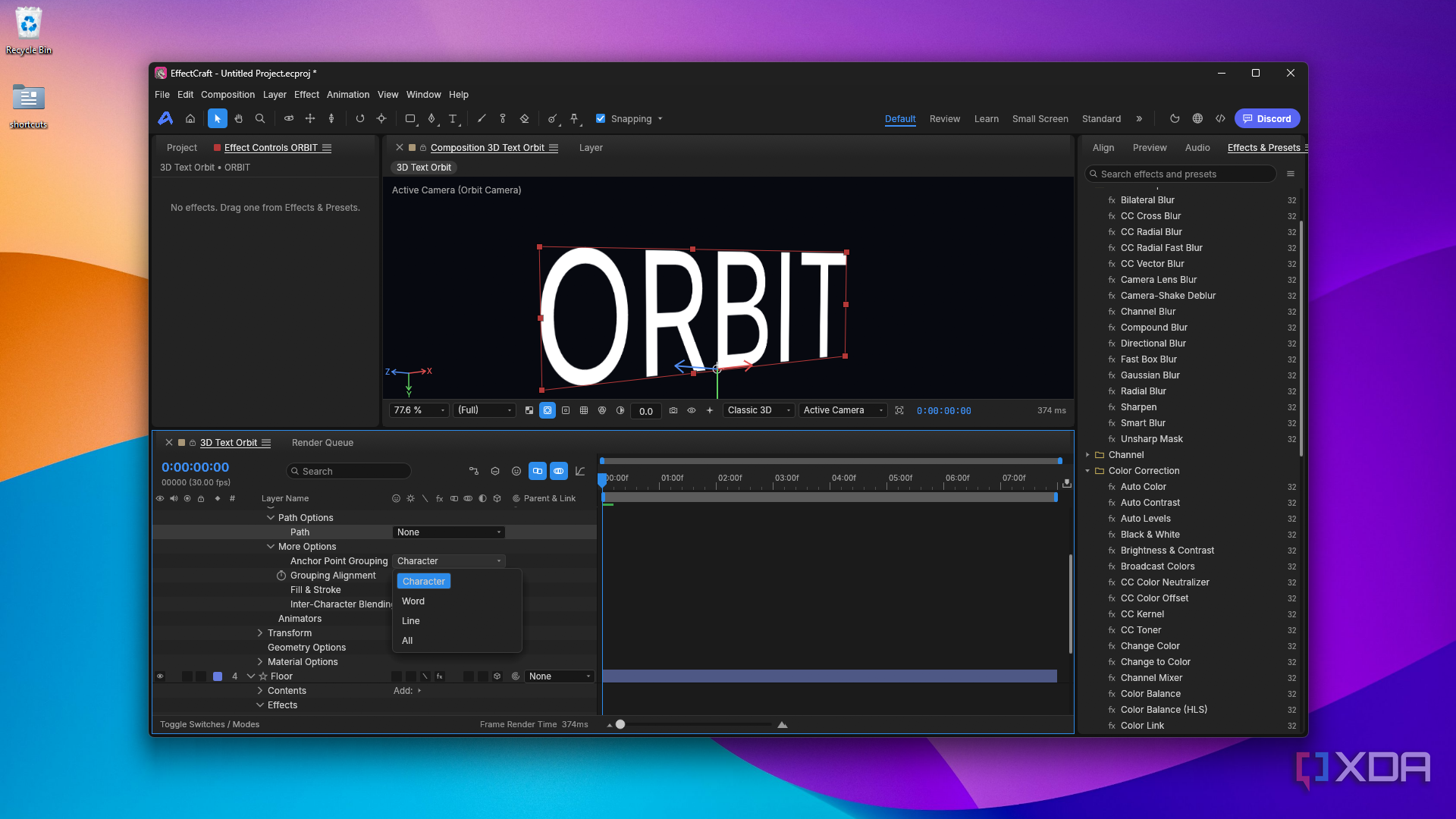 grouping anchor points for ORBIT text in EffectCraft