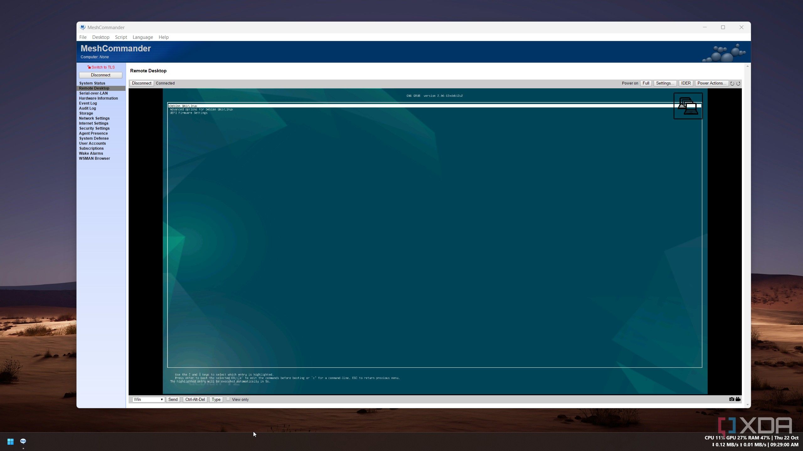 GRUB boot menu listing Debian GNU/Linux, Advanced options and UEFI Firmware Settings