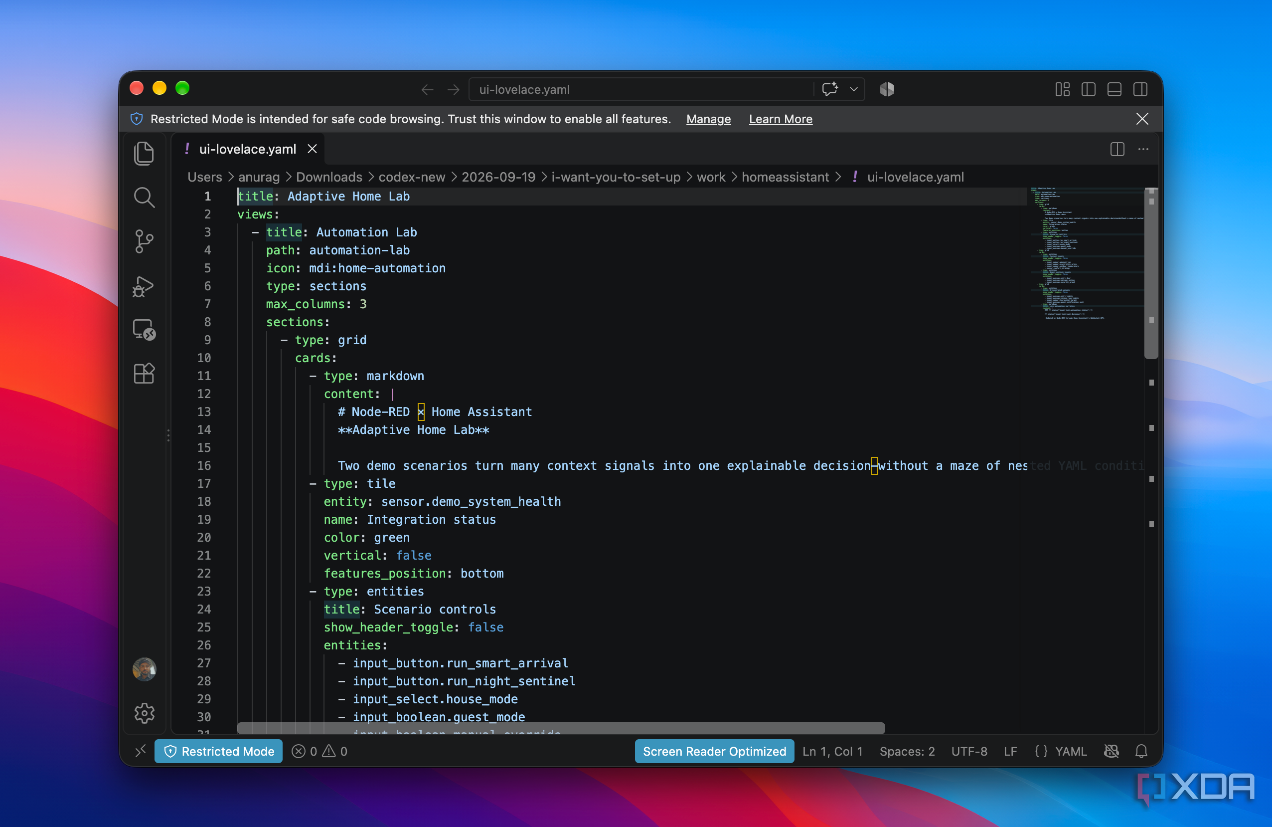 Home Assistant Lovelace config in VS Code