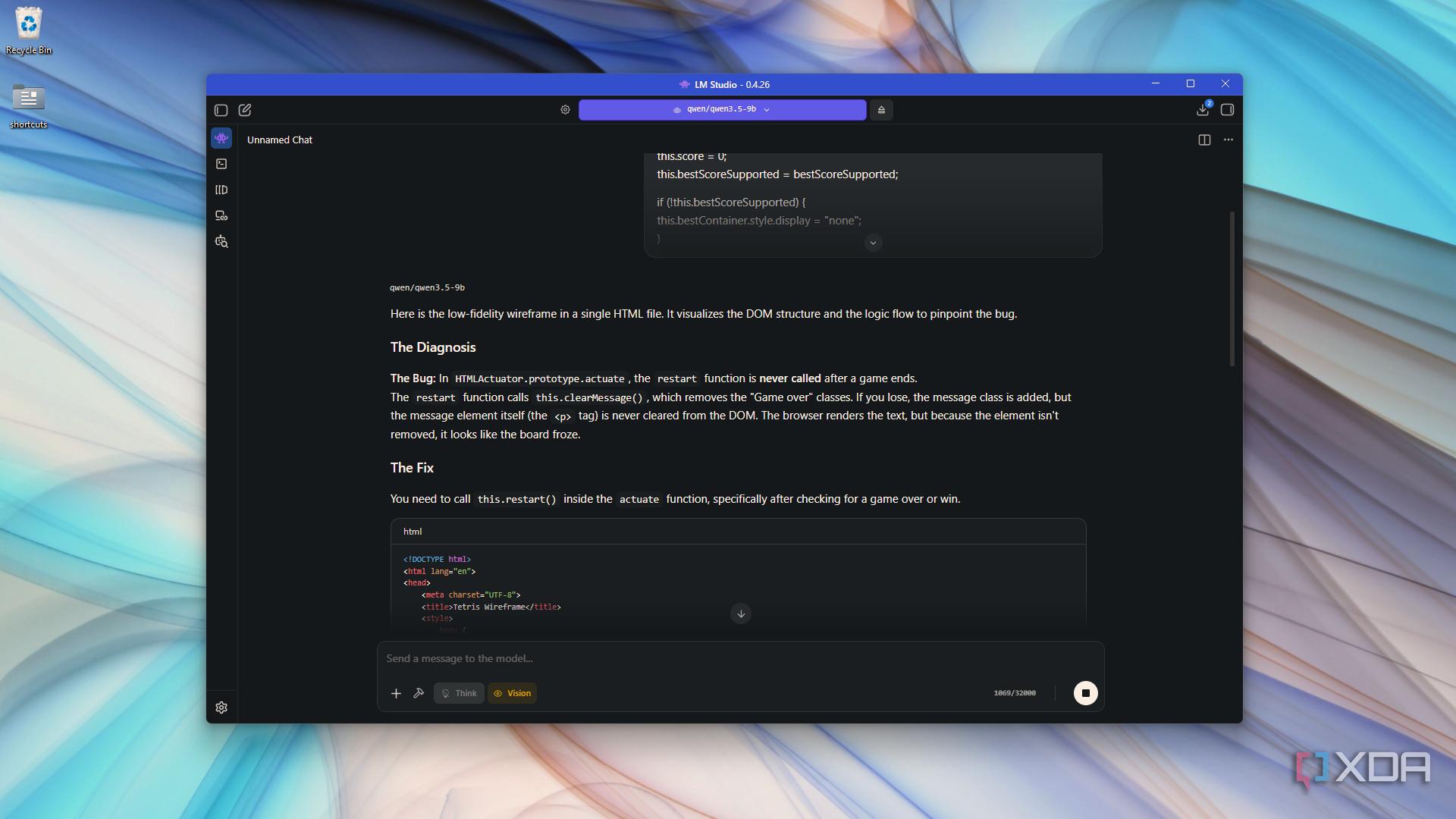 handing diagnosis plus wireframe HTML in LM Studio