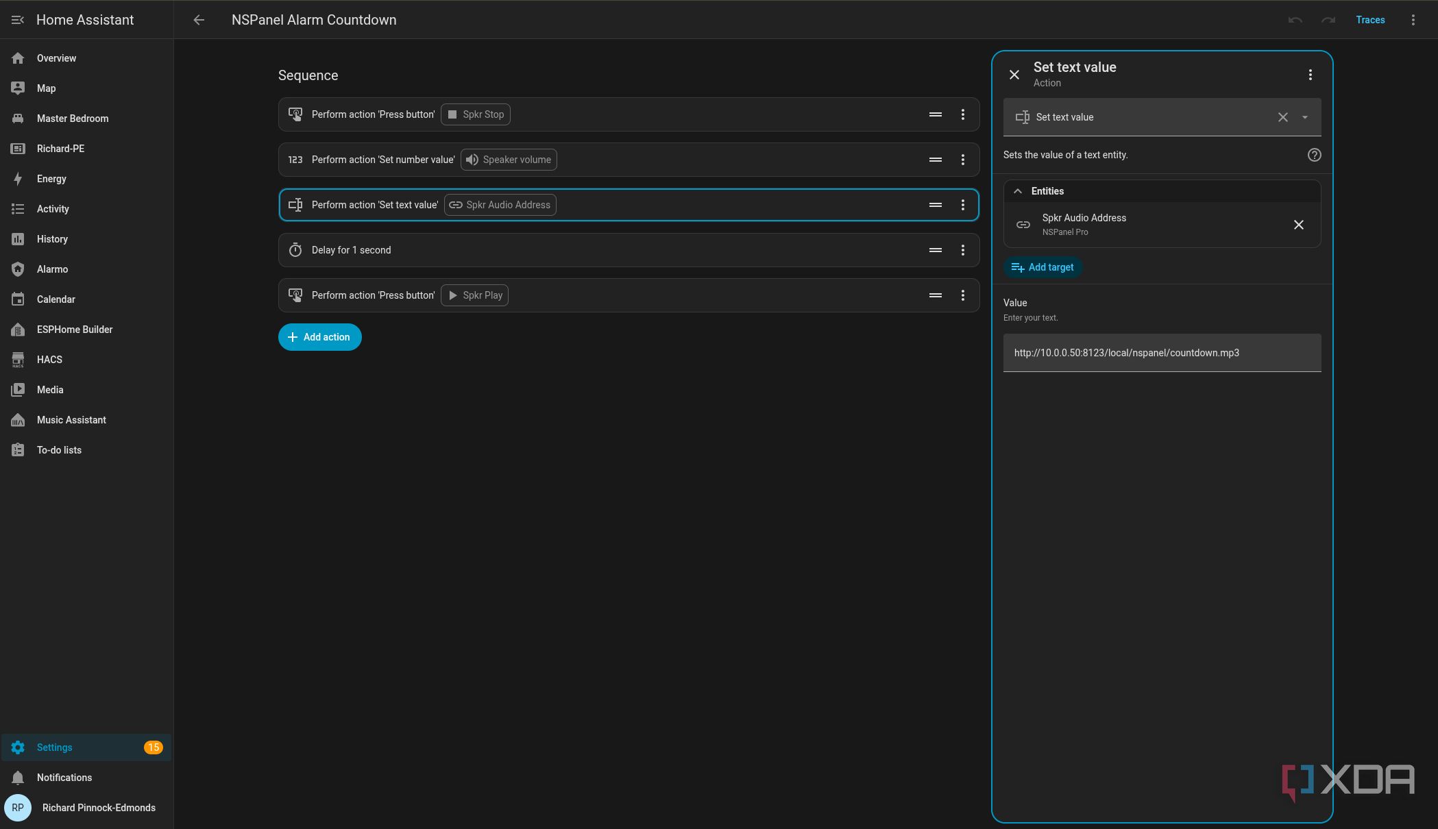 Configuring a countdown for Alarmo in Home Assistant