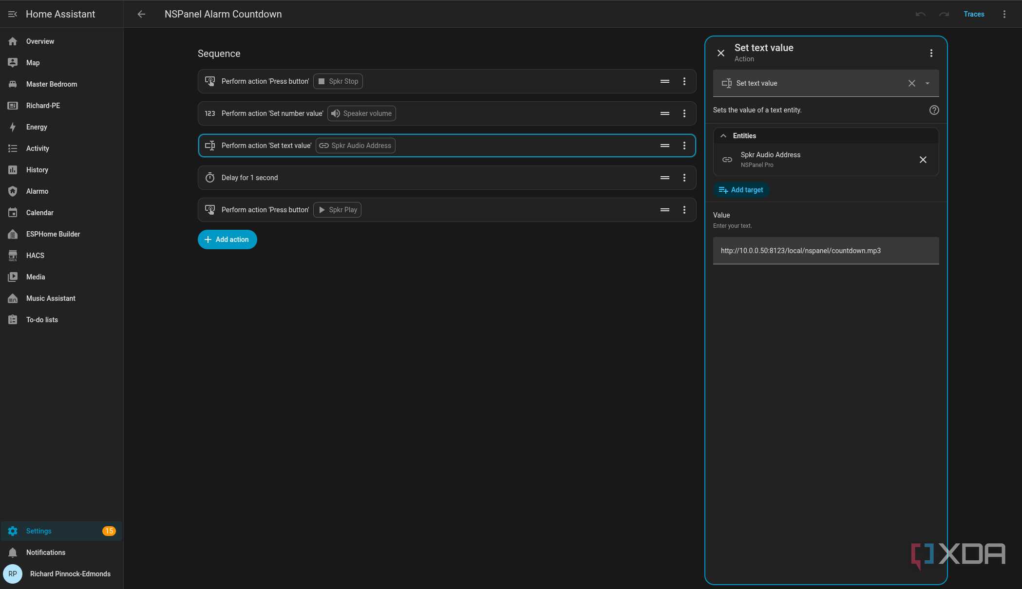 Configuring a countdown for Alarmo in Home Assistant