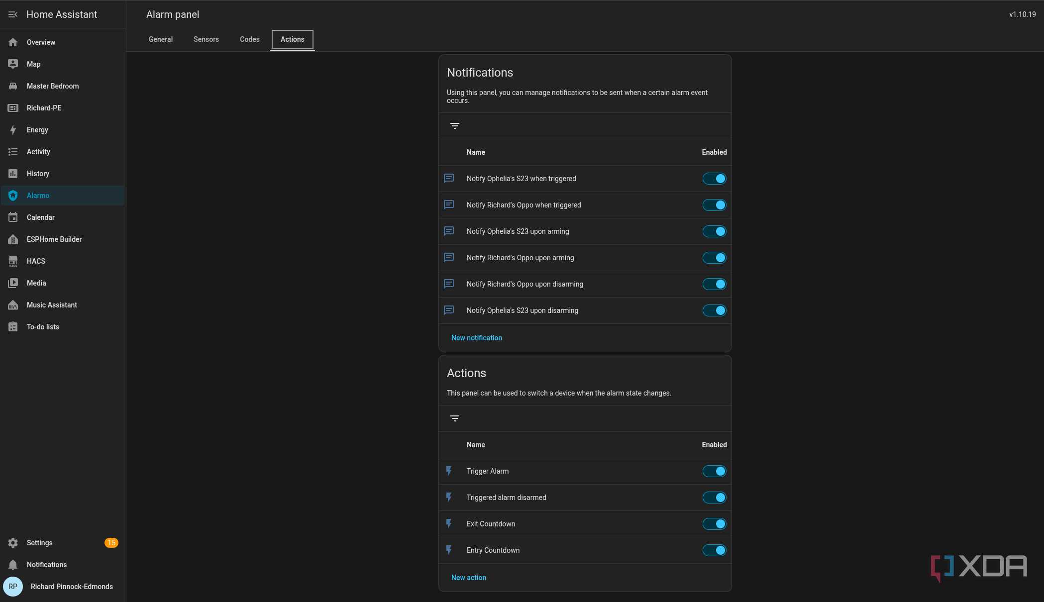 Home Assistant Alarmo notification settings