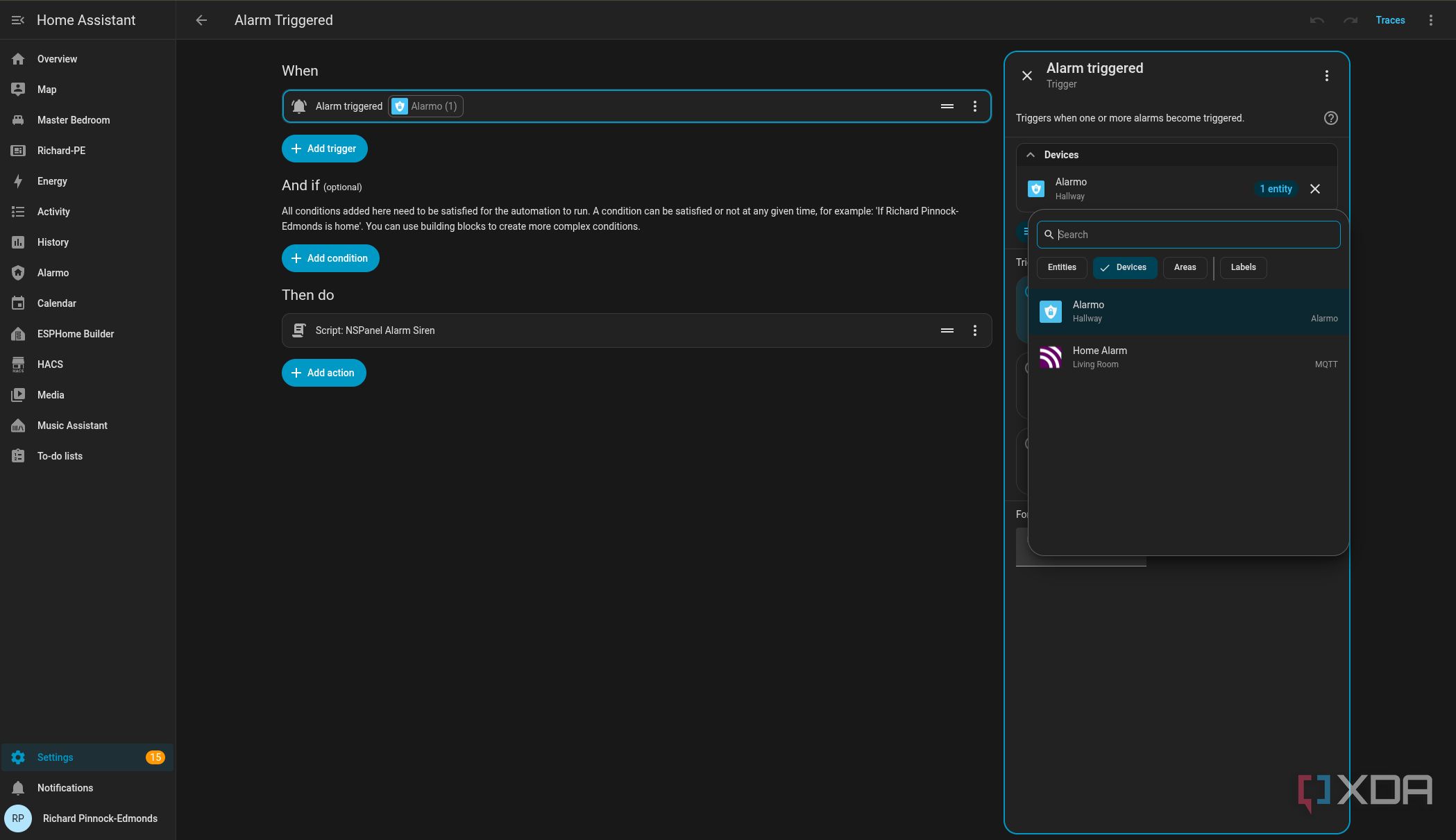 Home Assistant setting Alarmo automation