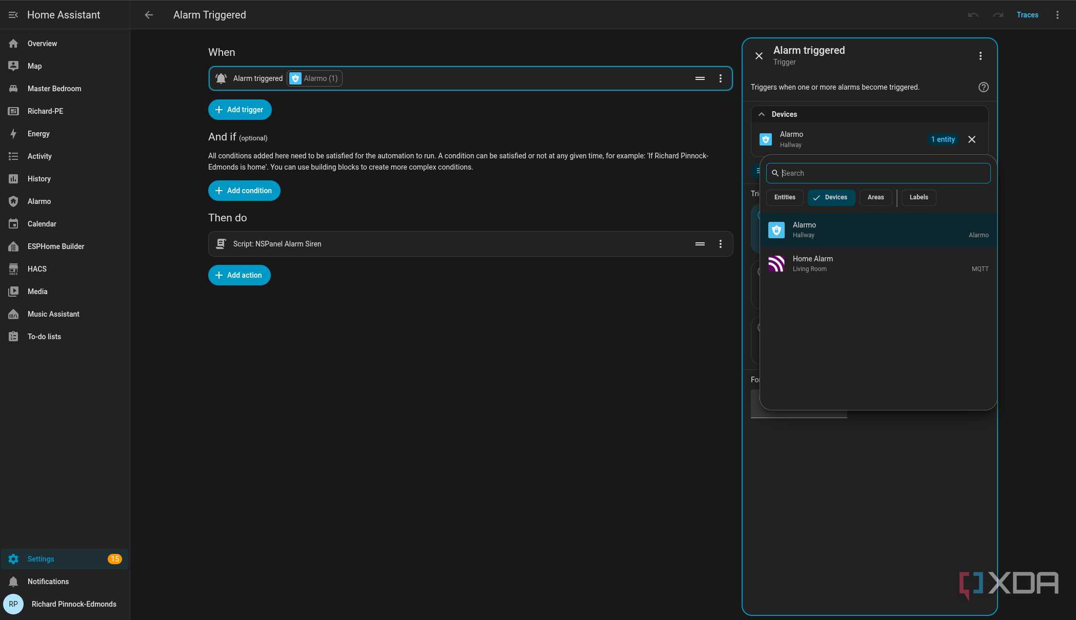 Home Assistant setting Alarmo automation