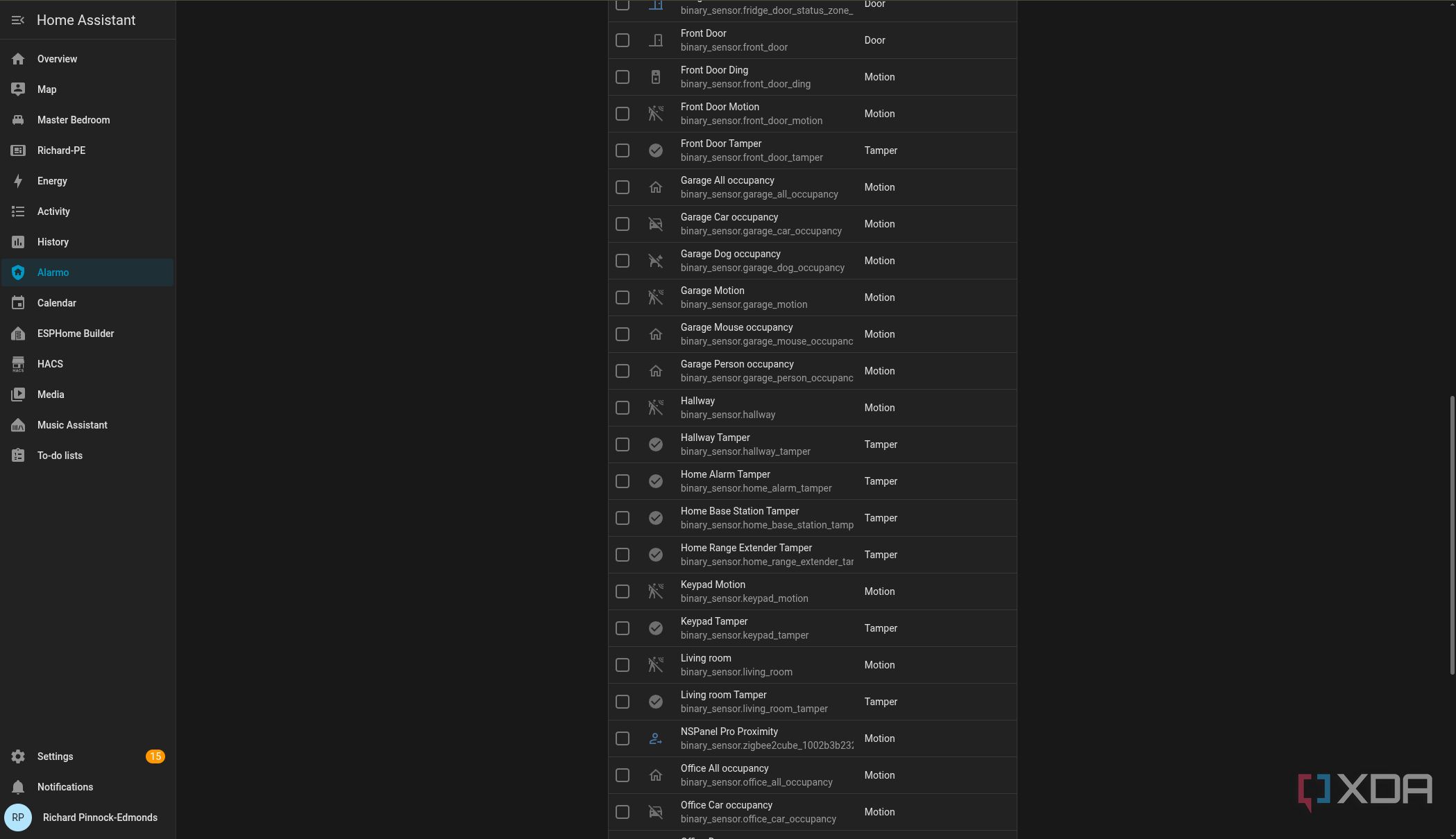 List of Alarmo detected sensors in Home Assistant