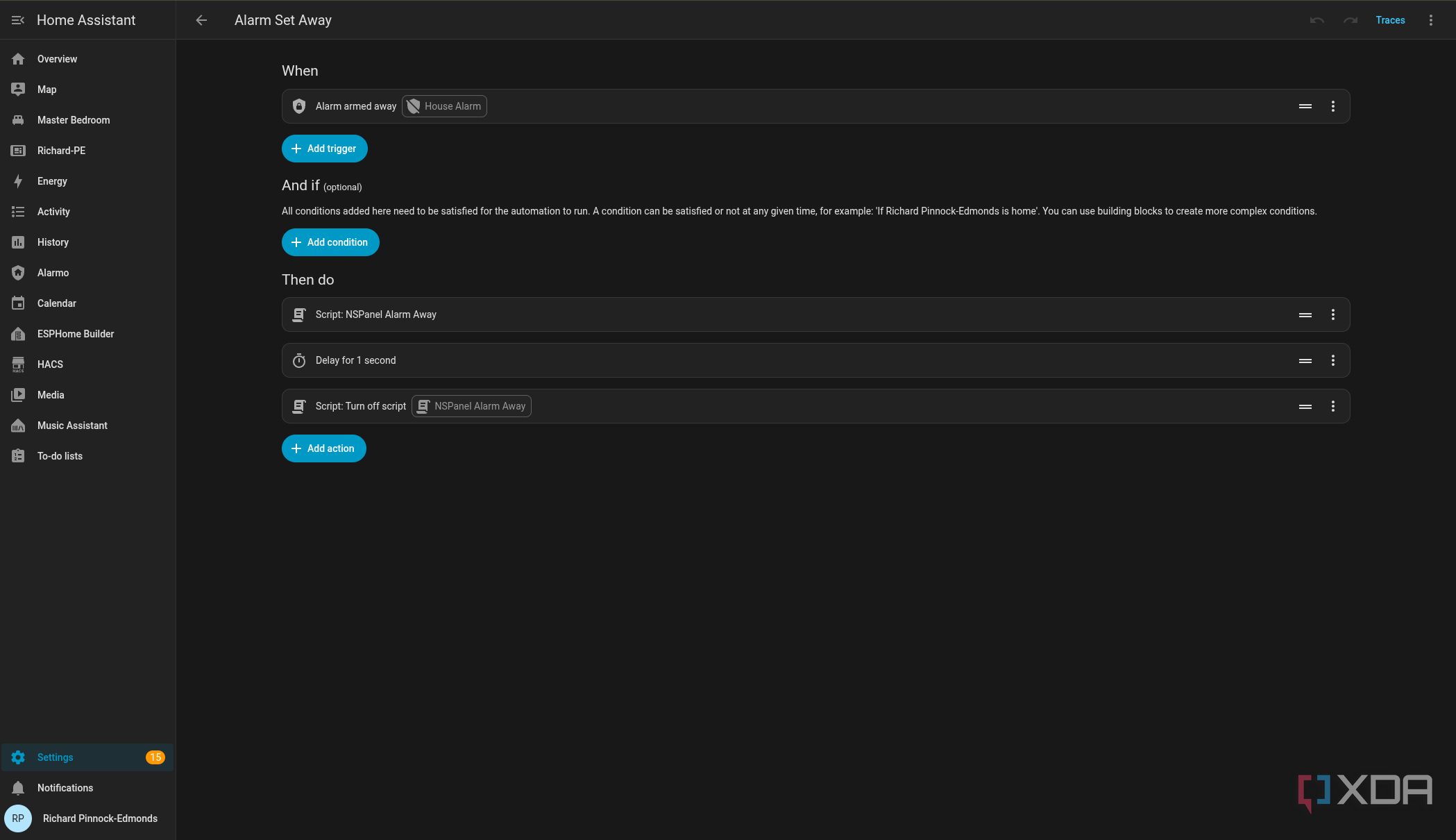 Setting Alarmo to away in Home Assistant