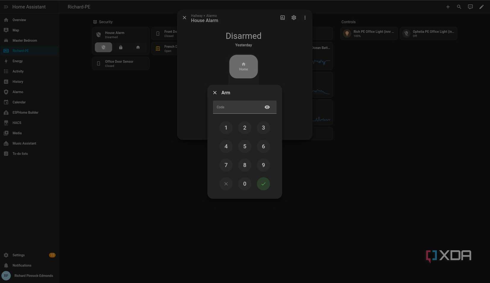Entering code for Alarmo Home Assistant