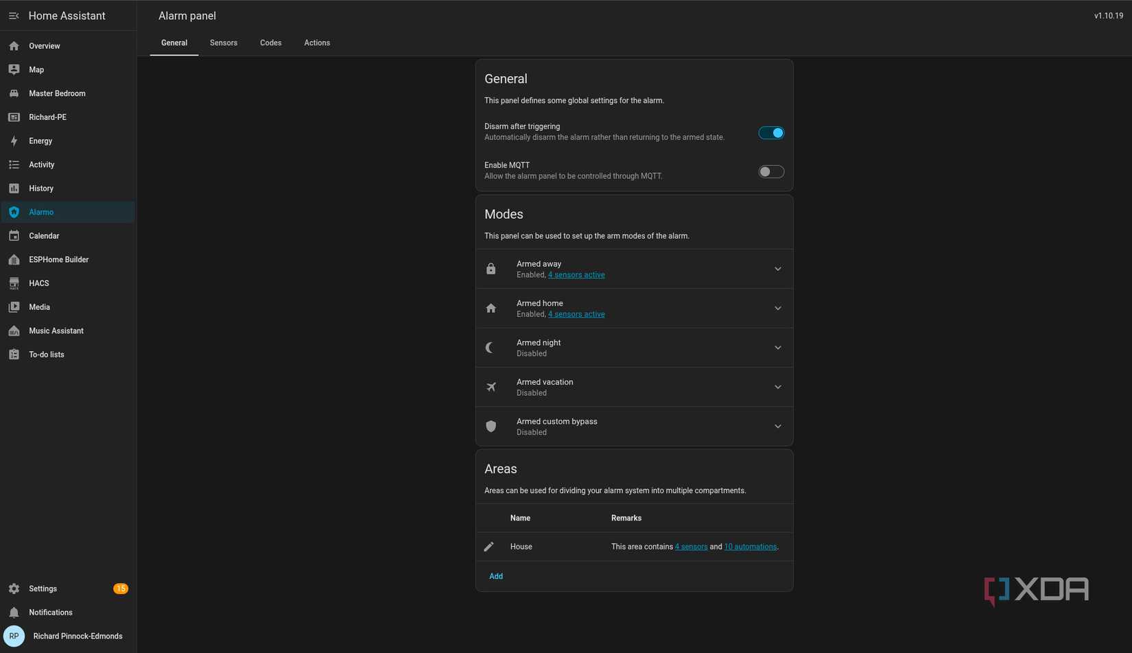 Setting Alarmo settings in Home Assistant