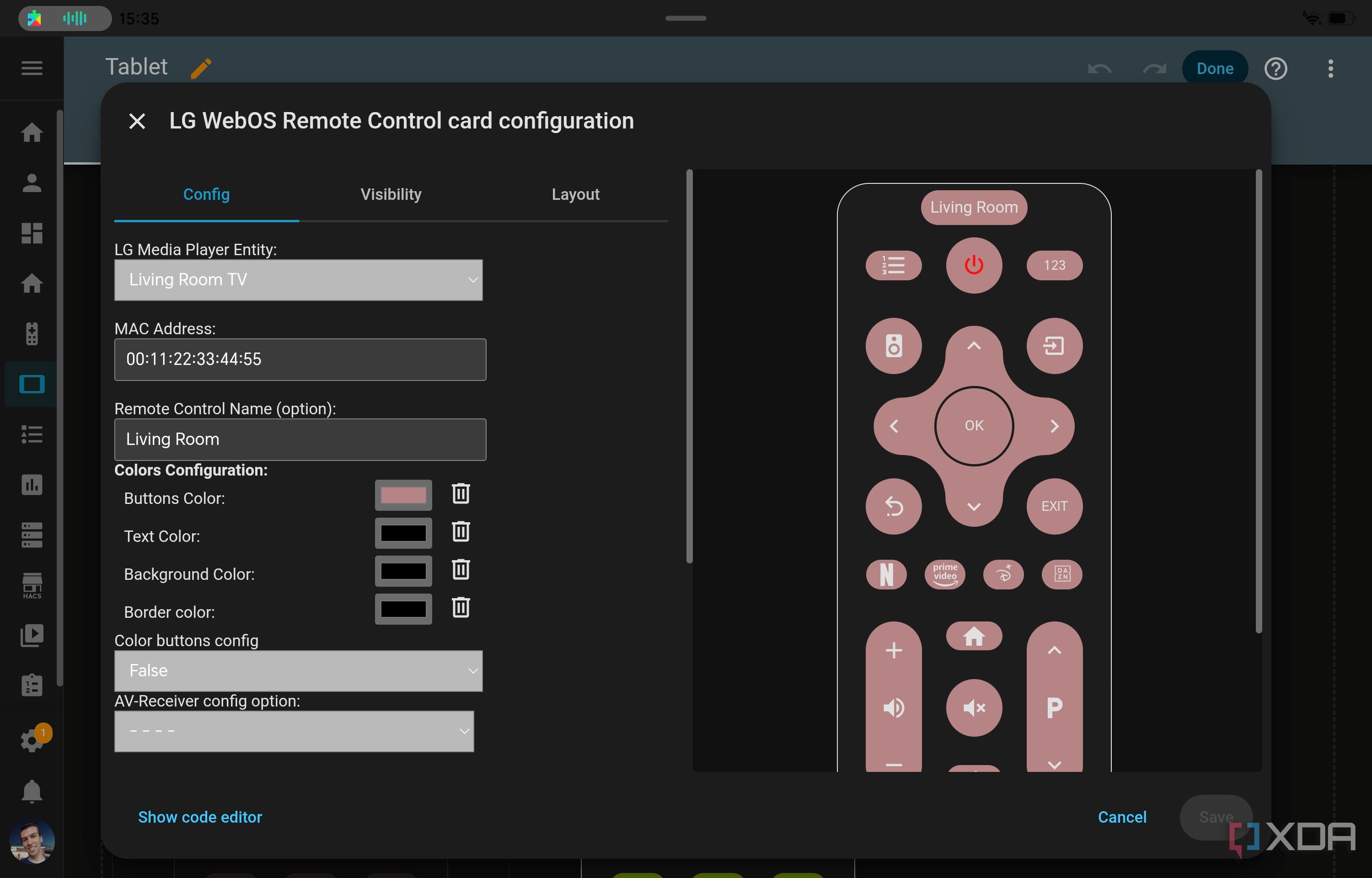 Screenshot of Home Assistant using the editing interface for an LG TV remote integration