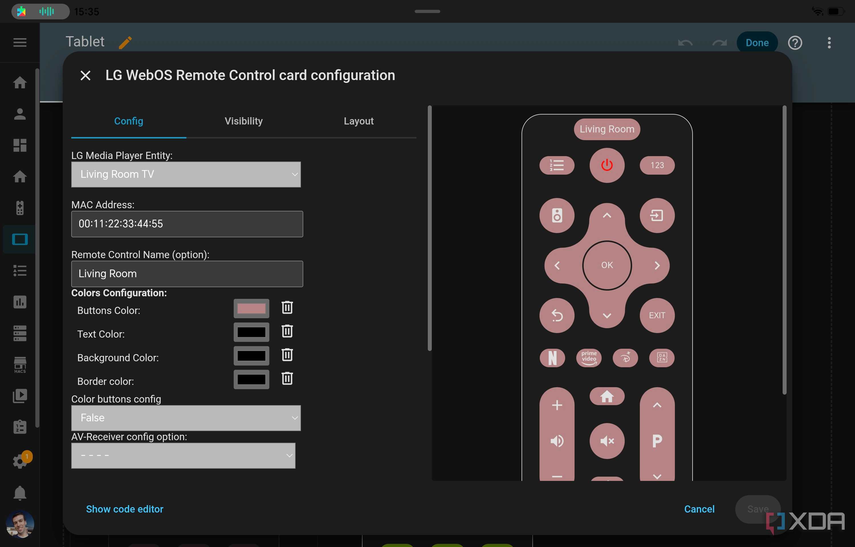 Screenshot of Home Assistant using the editing interface for an LG TV remote integration