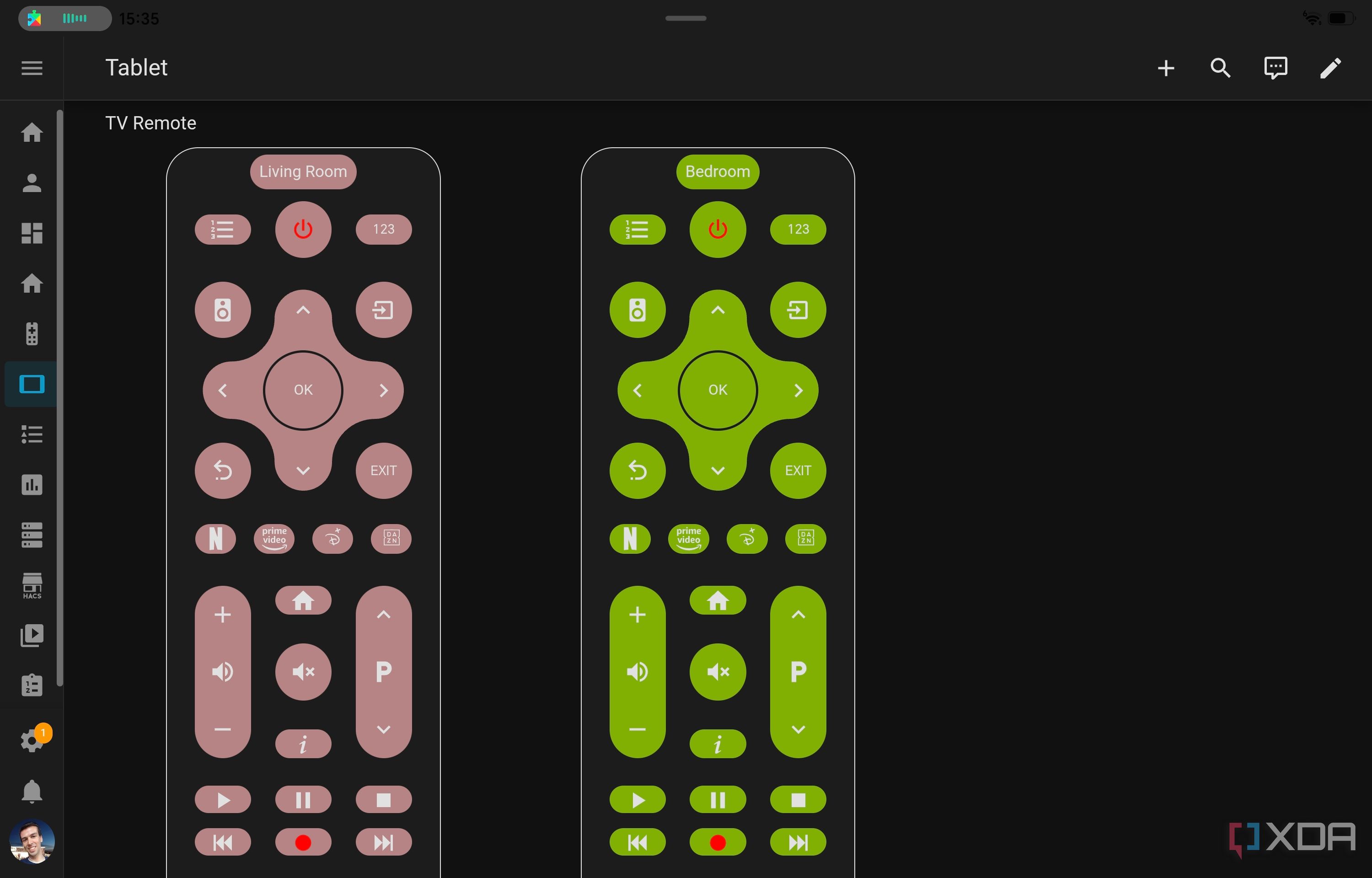 A Home Assistant dashboard with two remote controls for different TVs