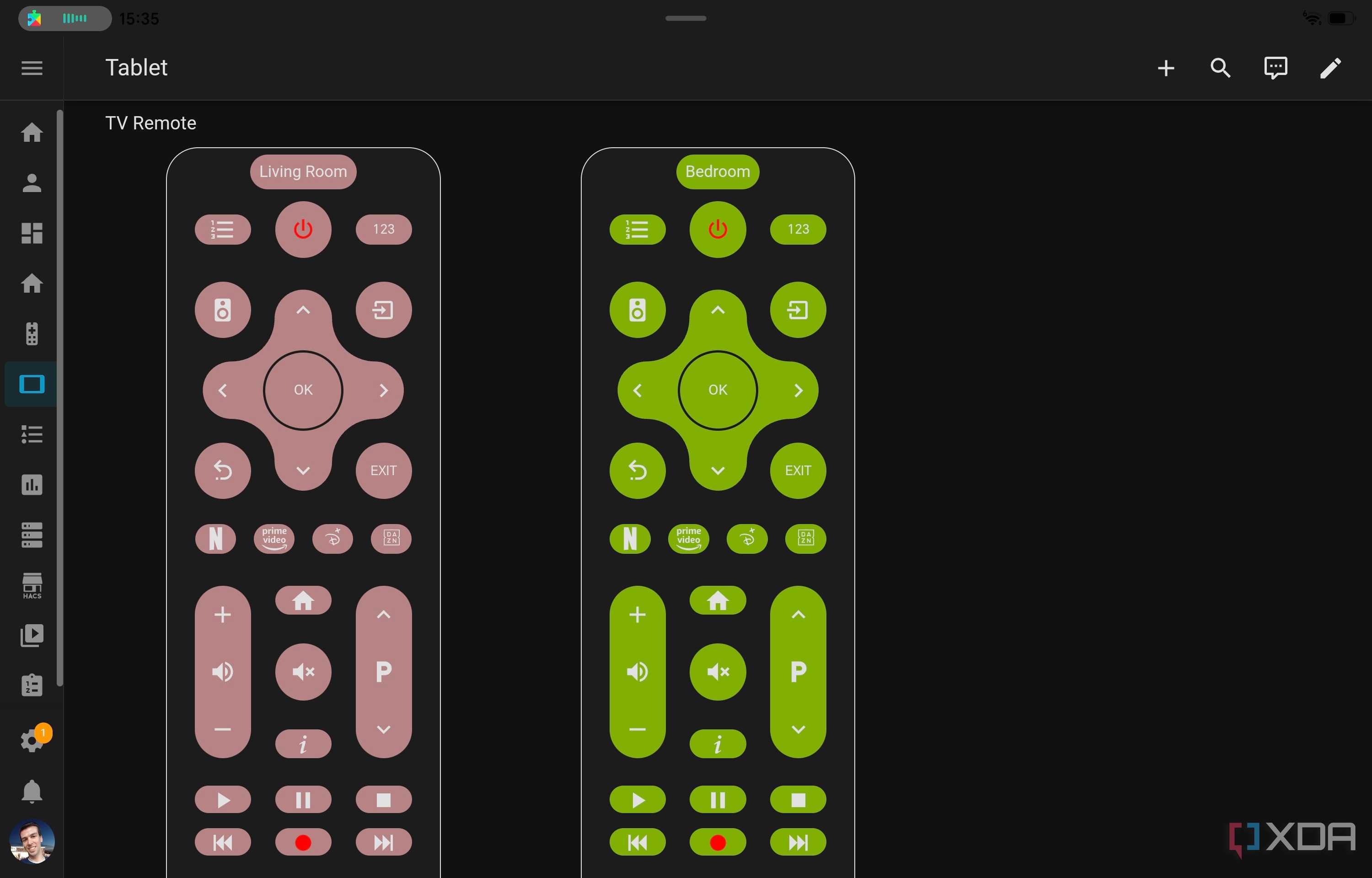 A Home Assistant dashboard with two remote controls for different TVs