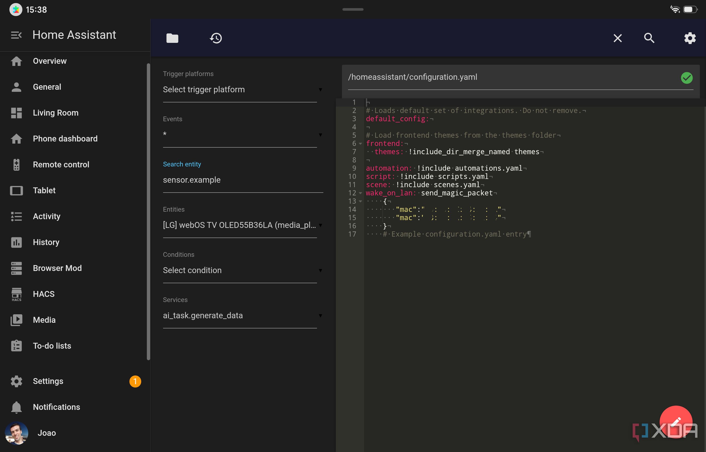 Screenshot of the file editor in Home Assistant showing that Wake-on-LAN is enabled for two devices
