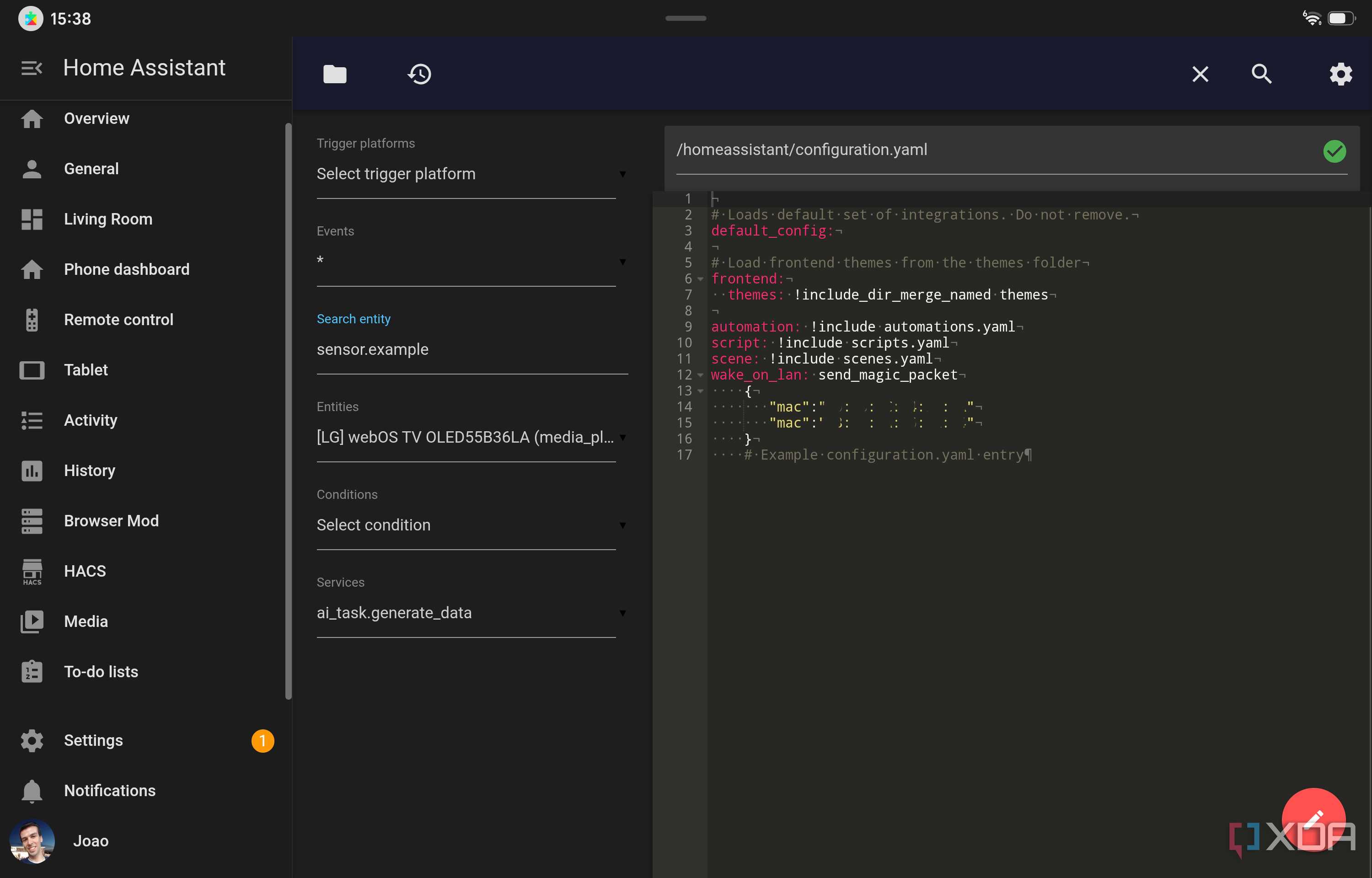 Screenshot of the file editor in Home Assistant showing that Wake-on-LAN is enabled for two devices
