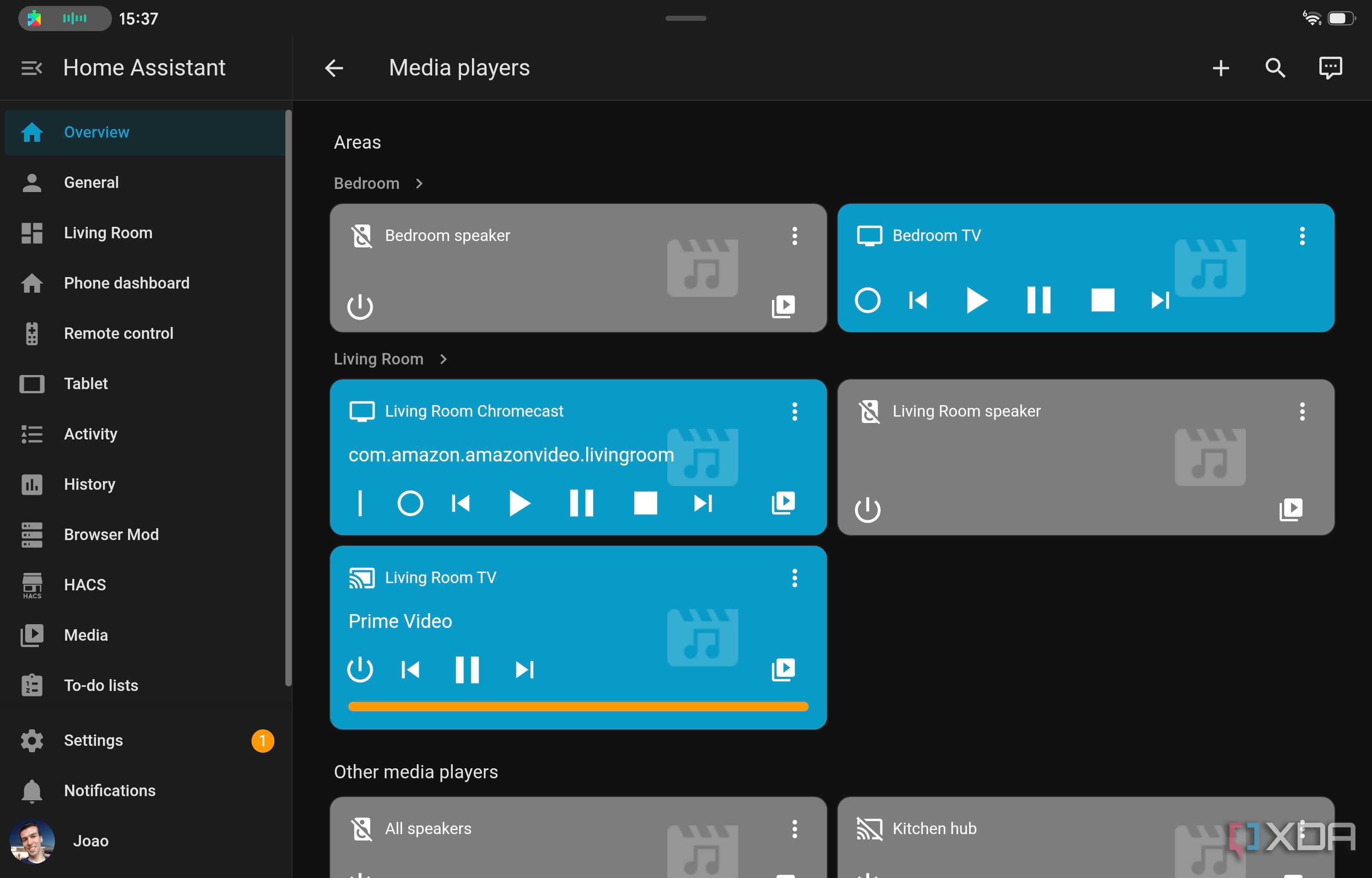 Screenshot of Home Assistant showing various medi players in the house
