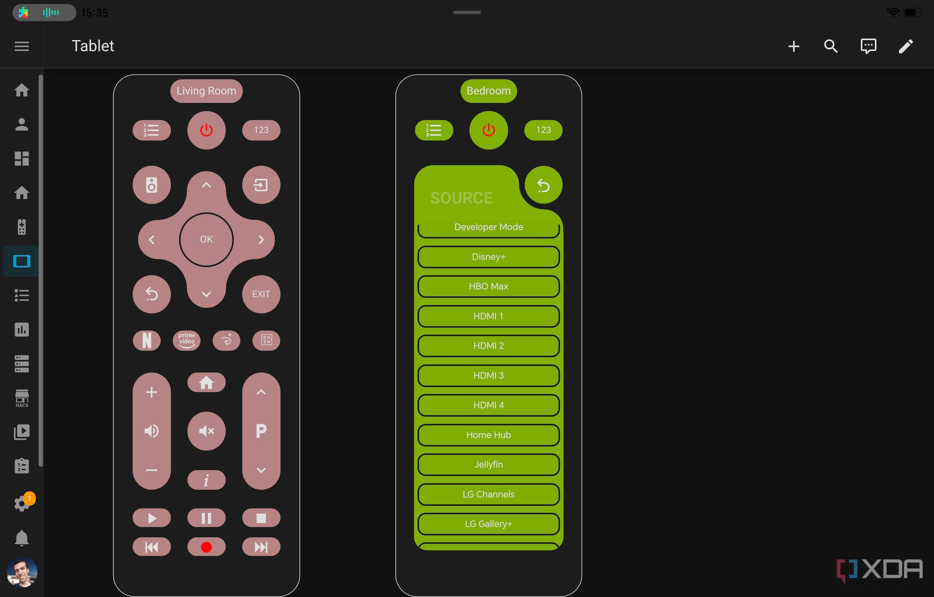 A Home Assistant dashboard with two remote controls for different TVs, one of which has the source list open