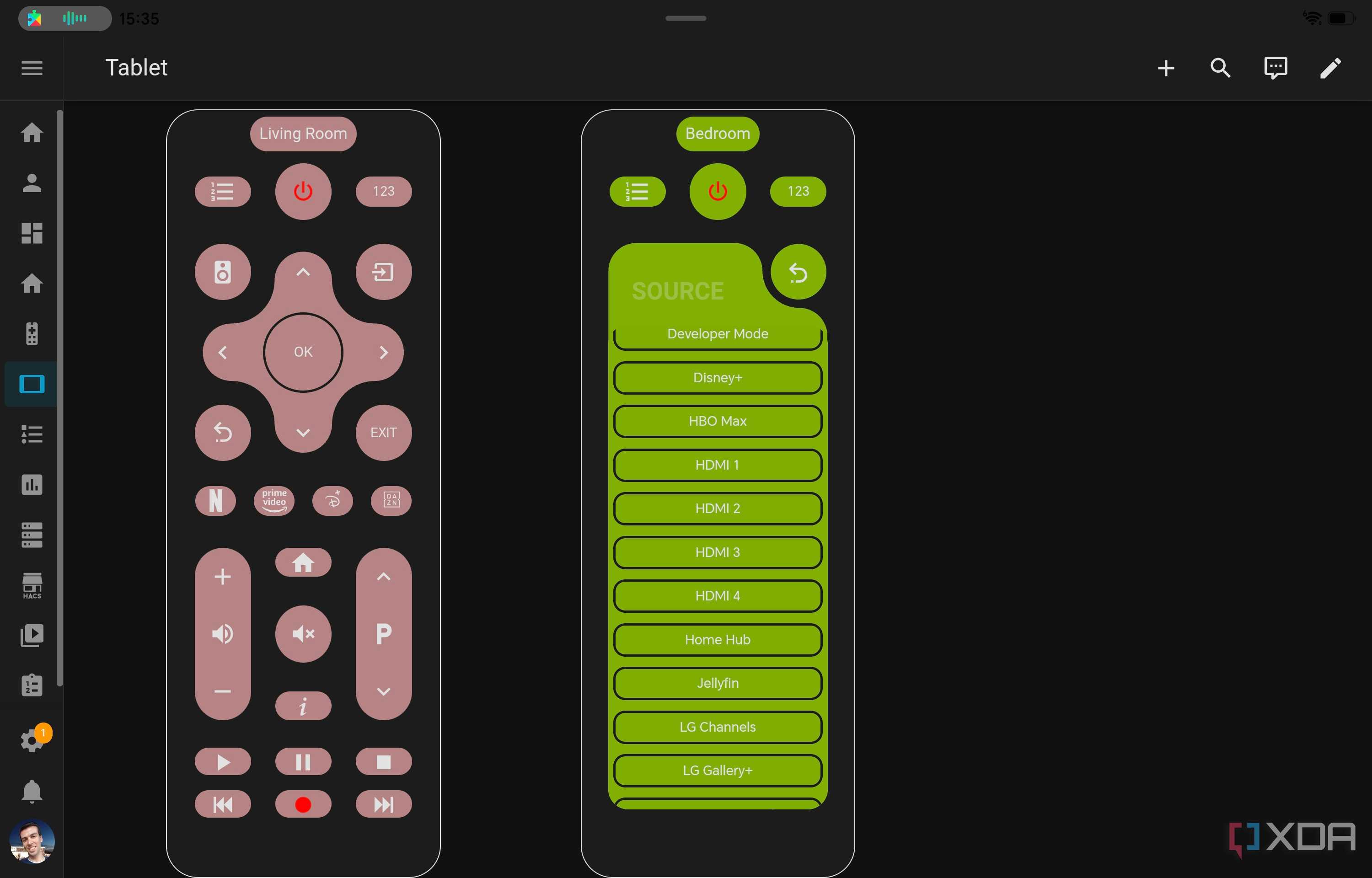 A Home Assistant dashboard with two remote controls for different TVs, one of which has the source list open