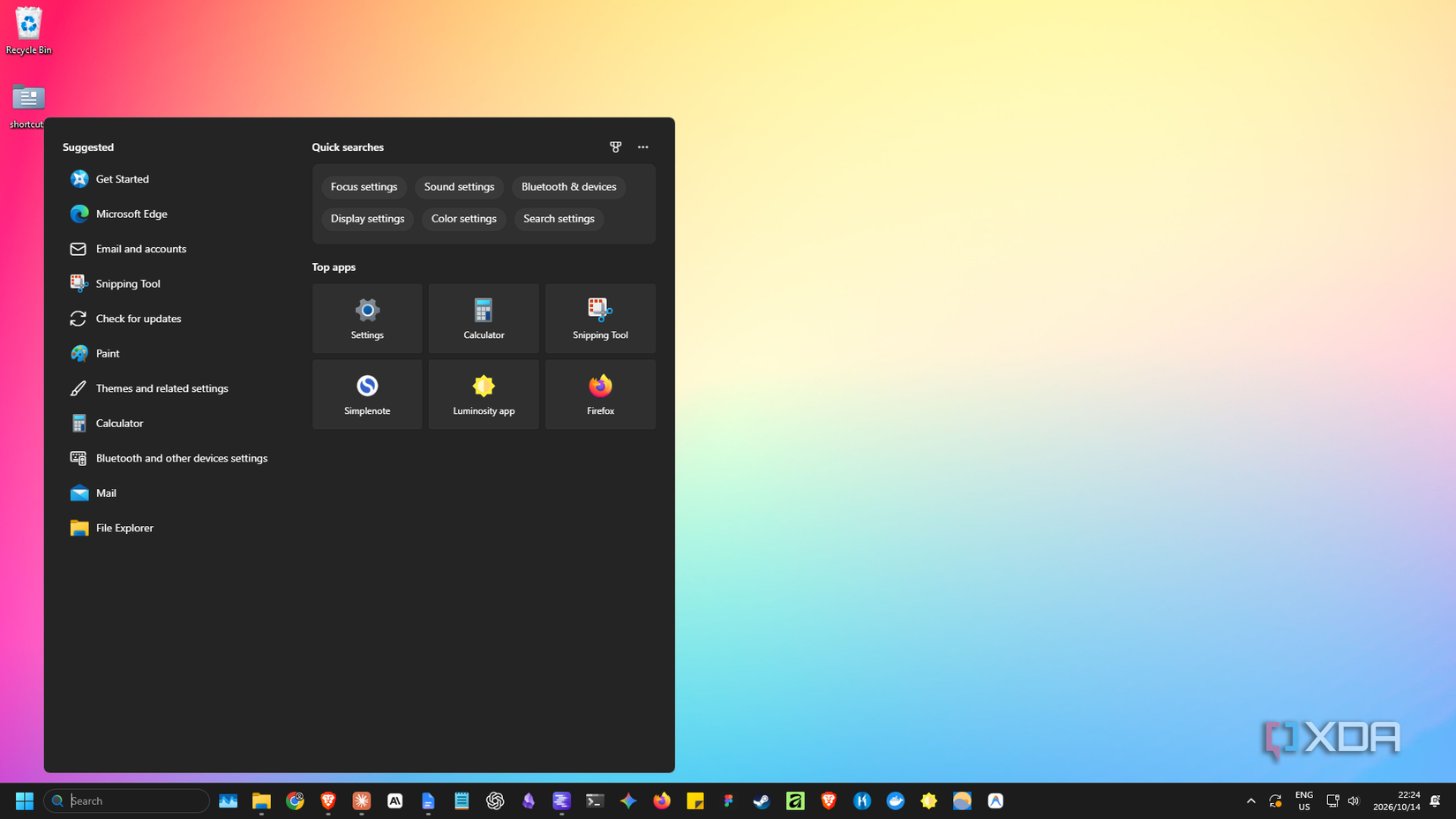home panel of empty Windows Search