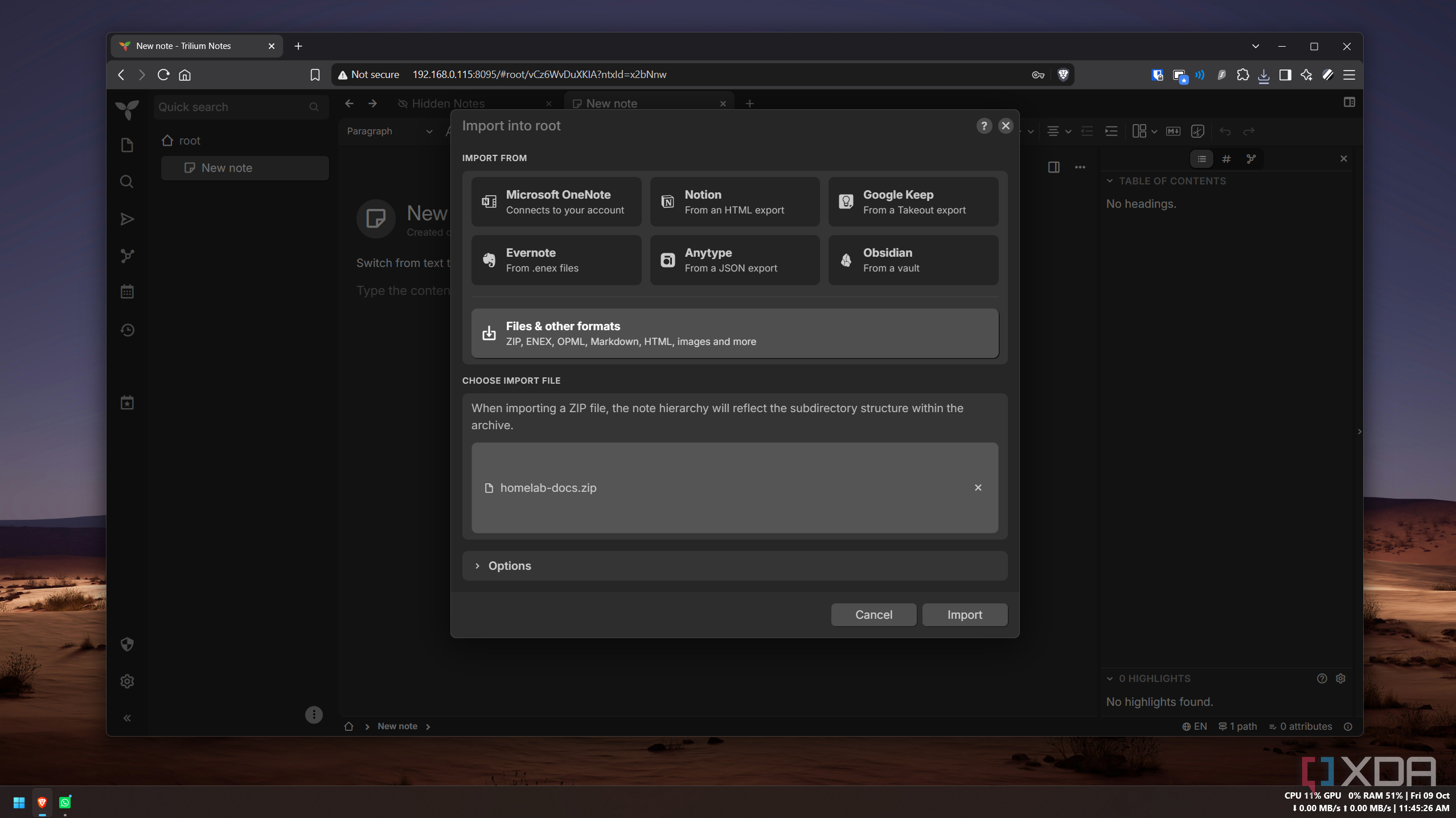 Trilium import dialog with homelab-docs.zip selected