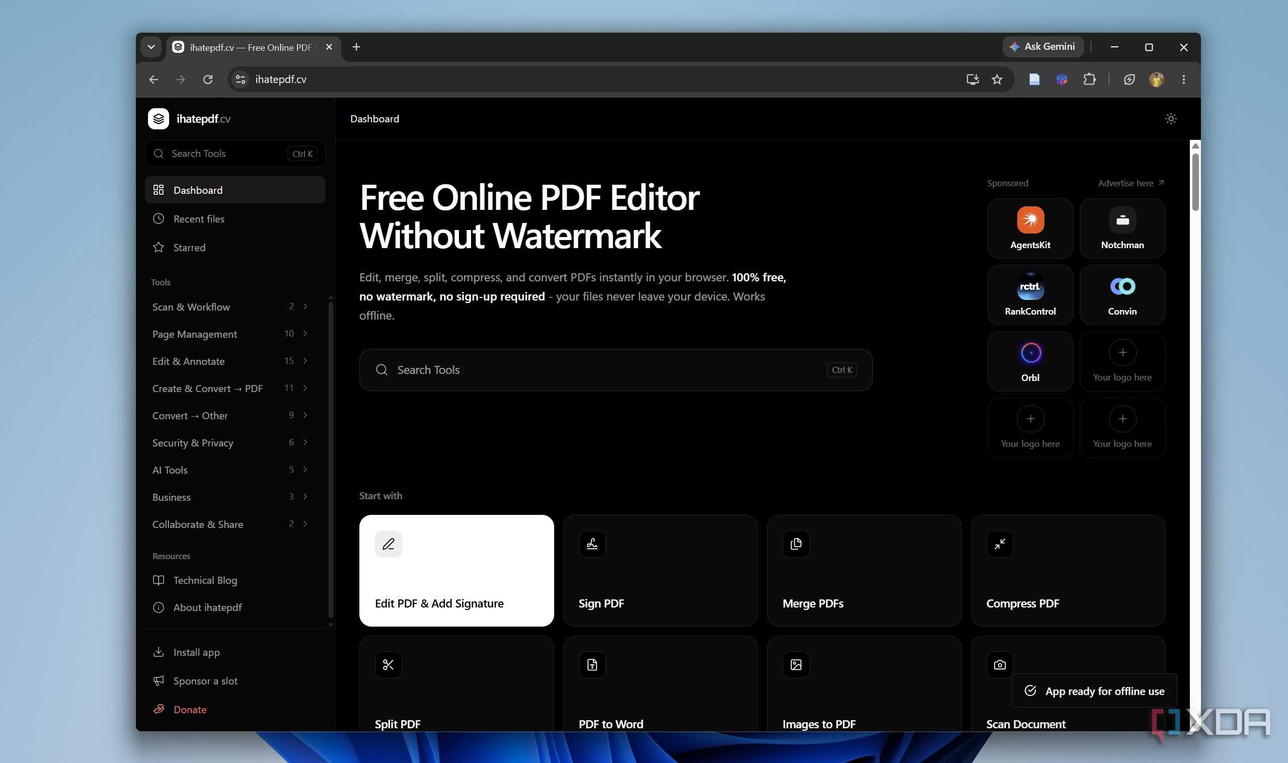 Home page of ihatepdf browser tool
